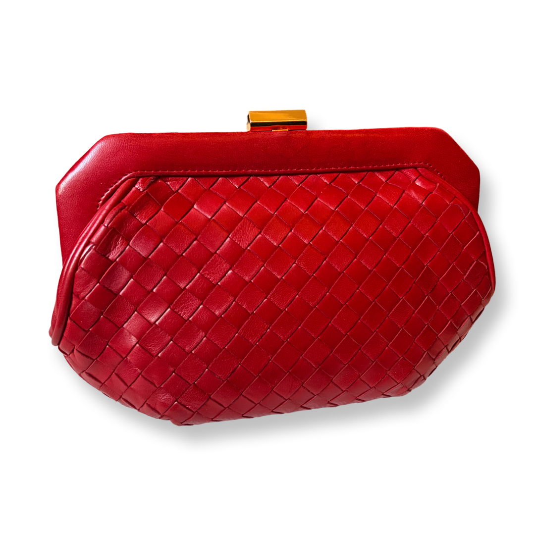 bottega red vintage leather signature weave clutch bag