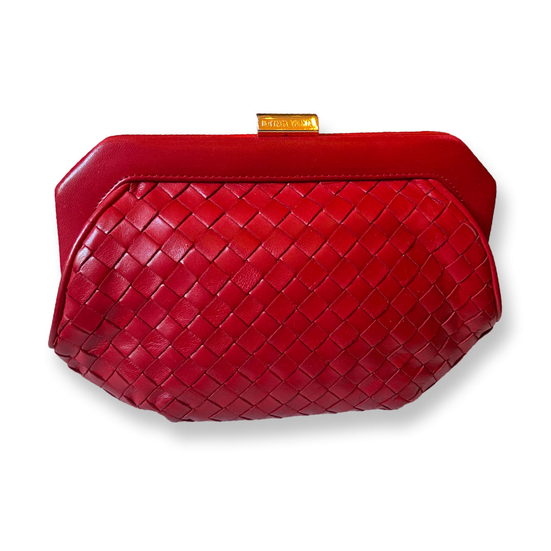 Bottega Vintage Red Leather Pouch Woven Clutch Bag