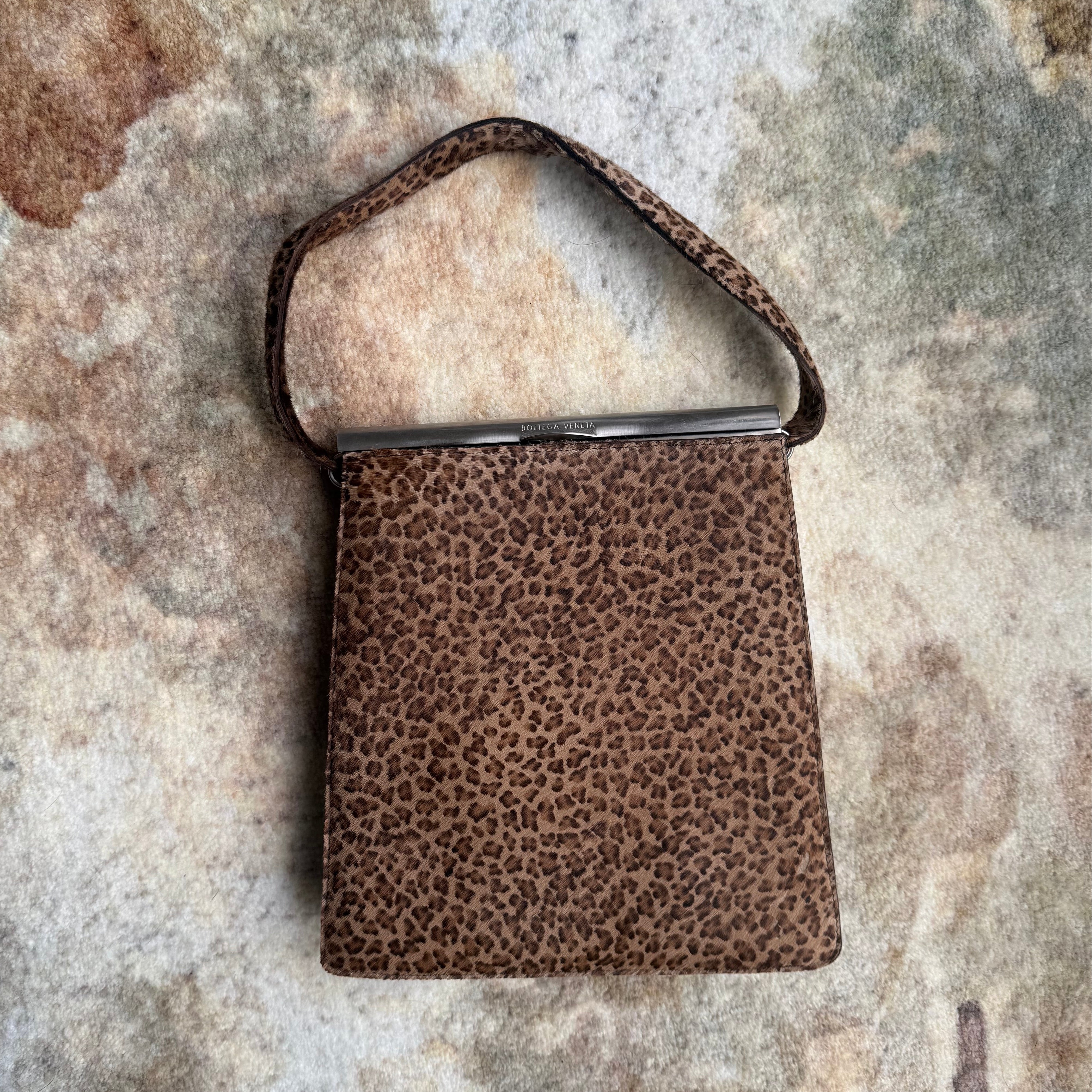 Authentic Bottega Veneta Vintage Ponyhair Leopard top handle hand bag minimal design