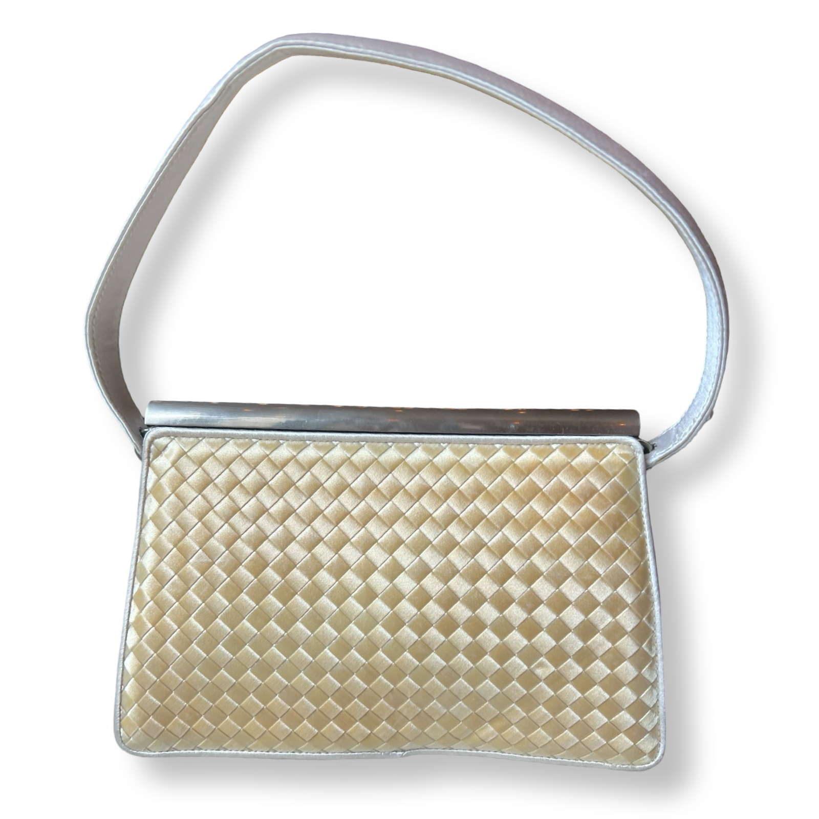 vintage bottega intrecciato weave silk handbag silver and white