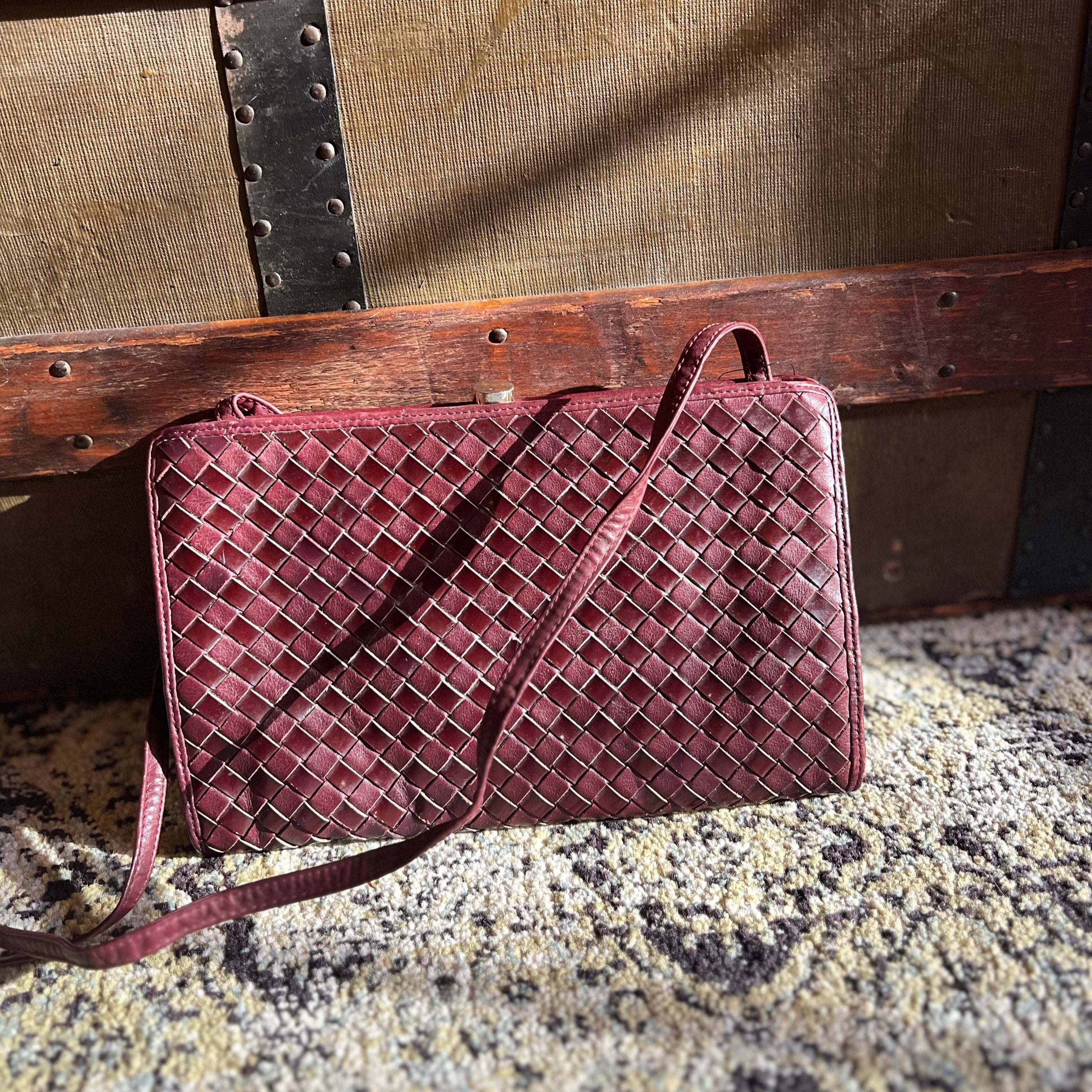 Bottega Veneta Vintage Burgundy Leather Intrecciato Shoulder Bag two way