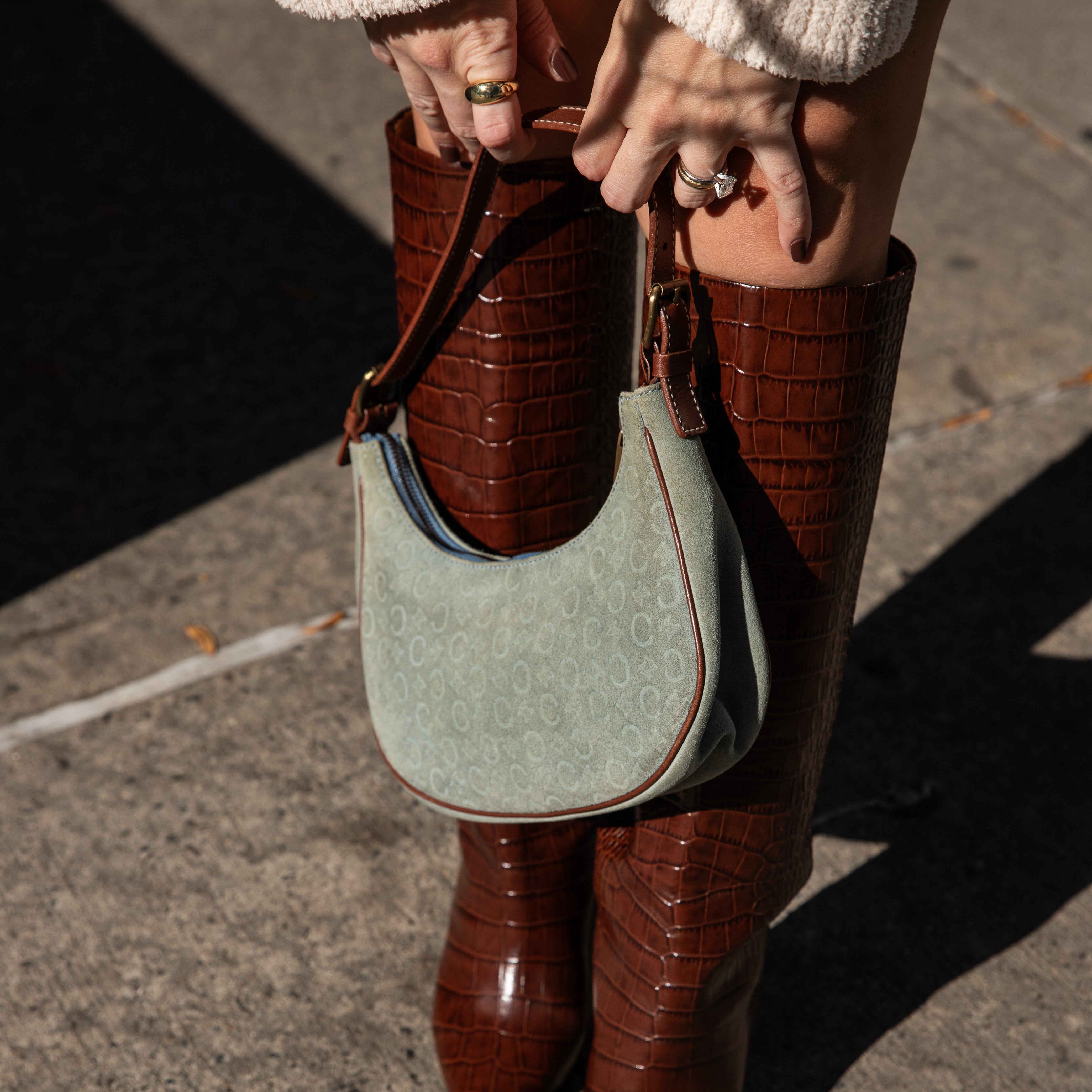 Old celine authentic blue suede & brown leather half moon shoulder bag