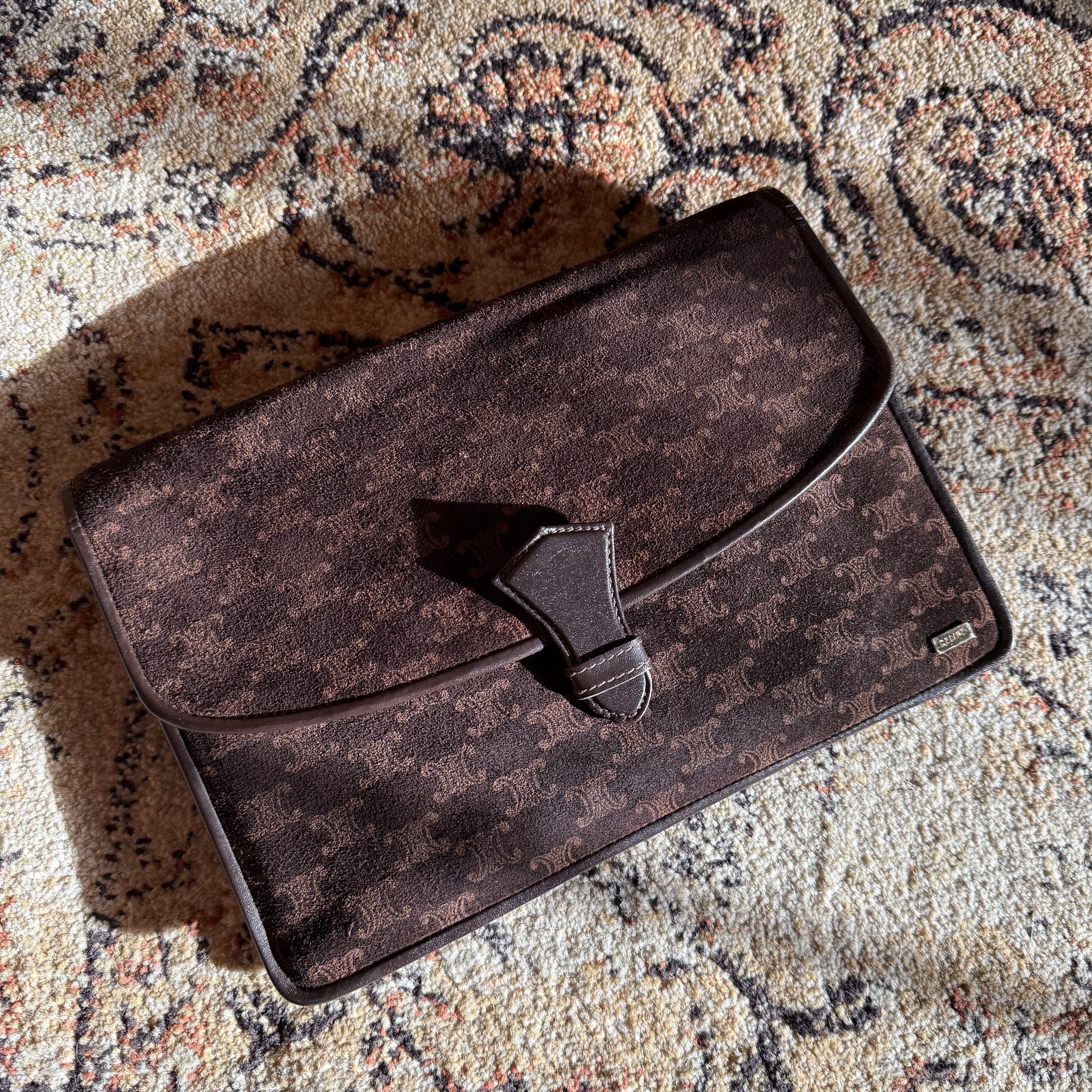 Celine authentic Macadam Vintage Suede Brown Clutch Purse