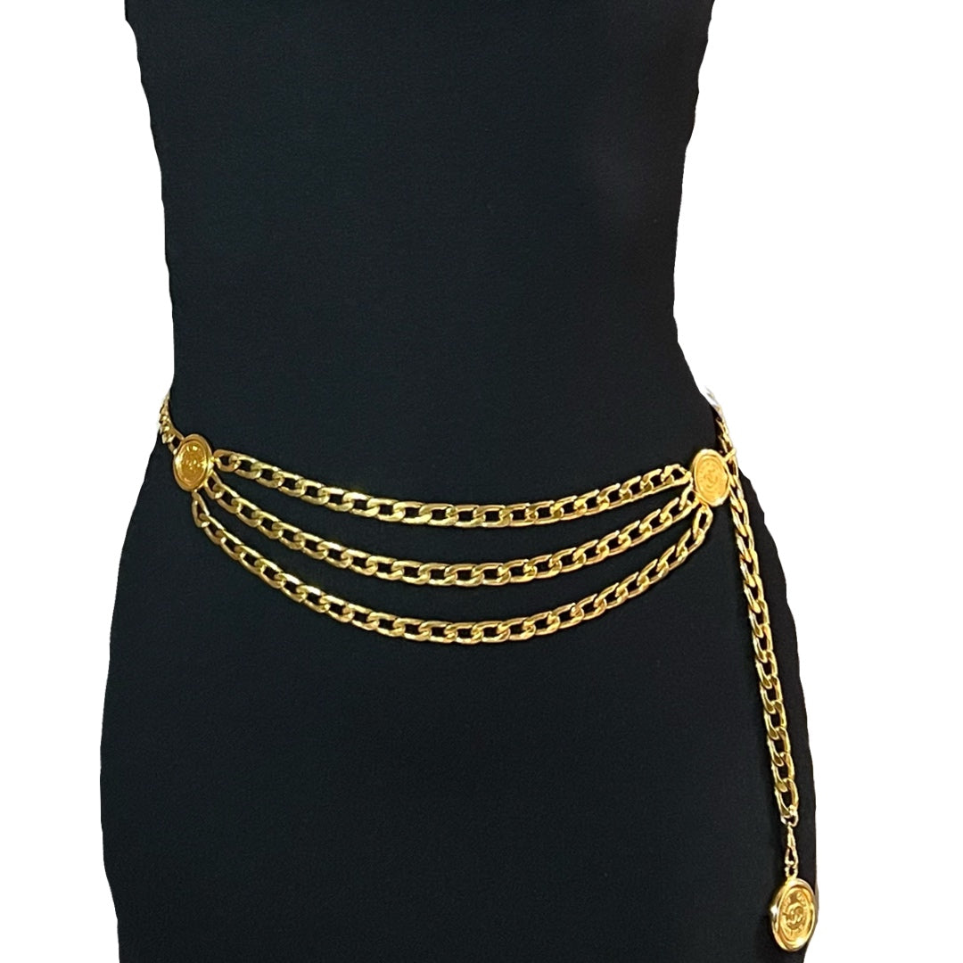 Vintage Chanel Logo Coin Belt Retro 90s Gold