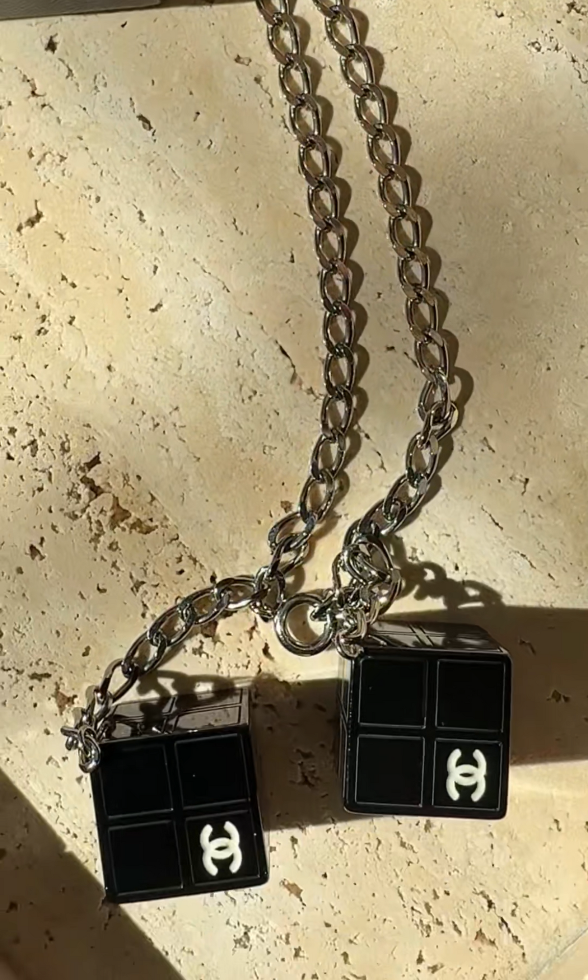 Chanel spring 2004 by Karl Lagerfeld Black enamel CC Dice Lariat Necklace and Chain Belt