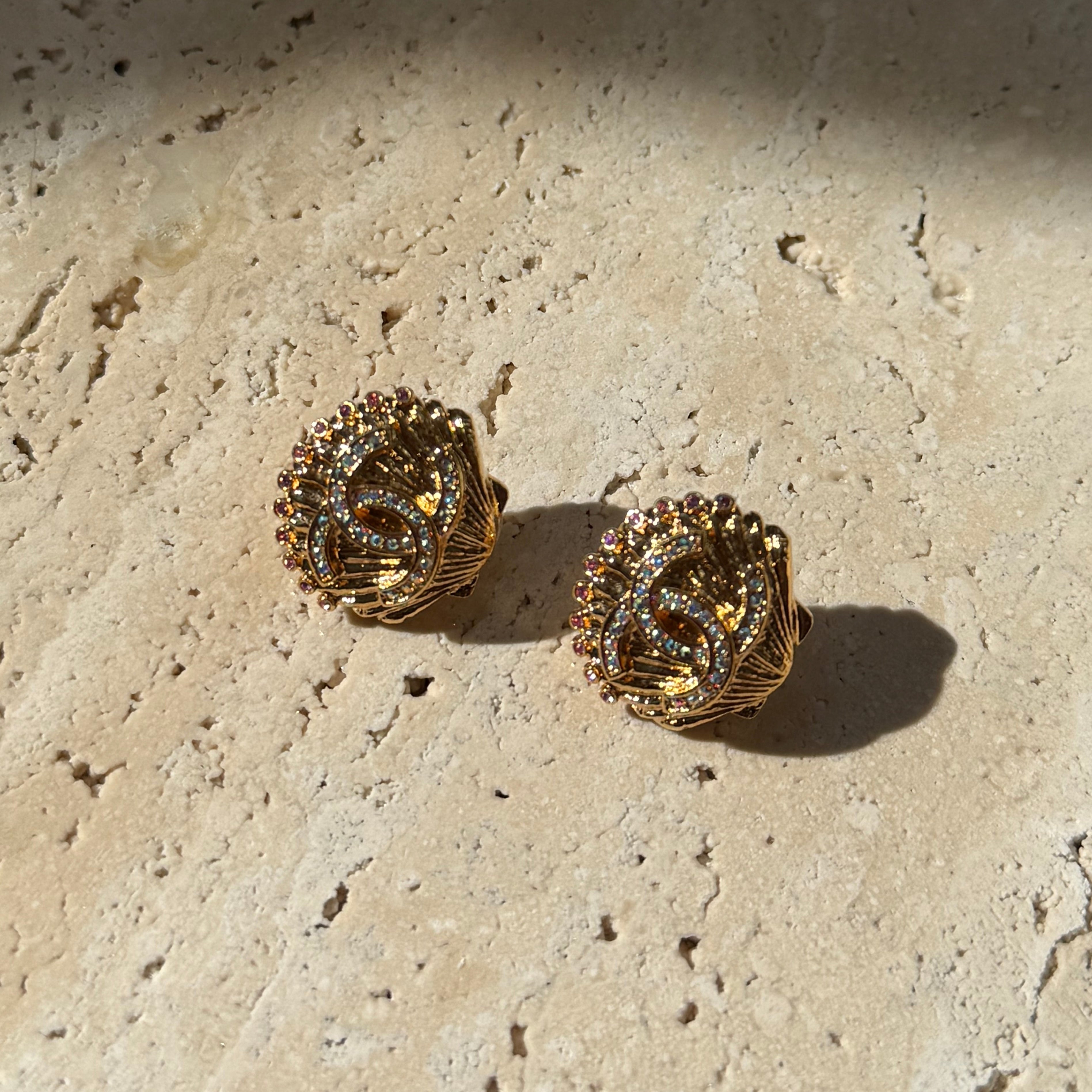 Chanel authentic crystal CC clam shell earrings