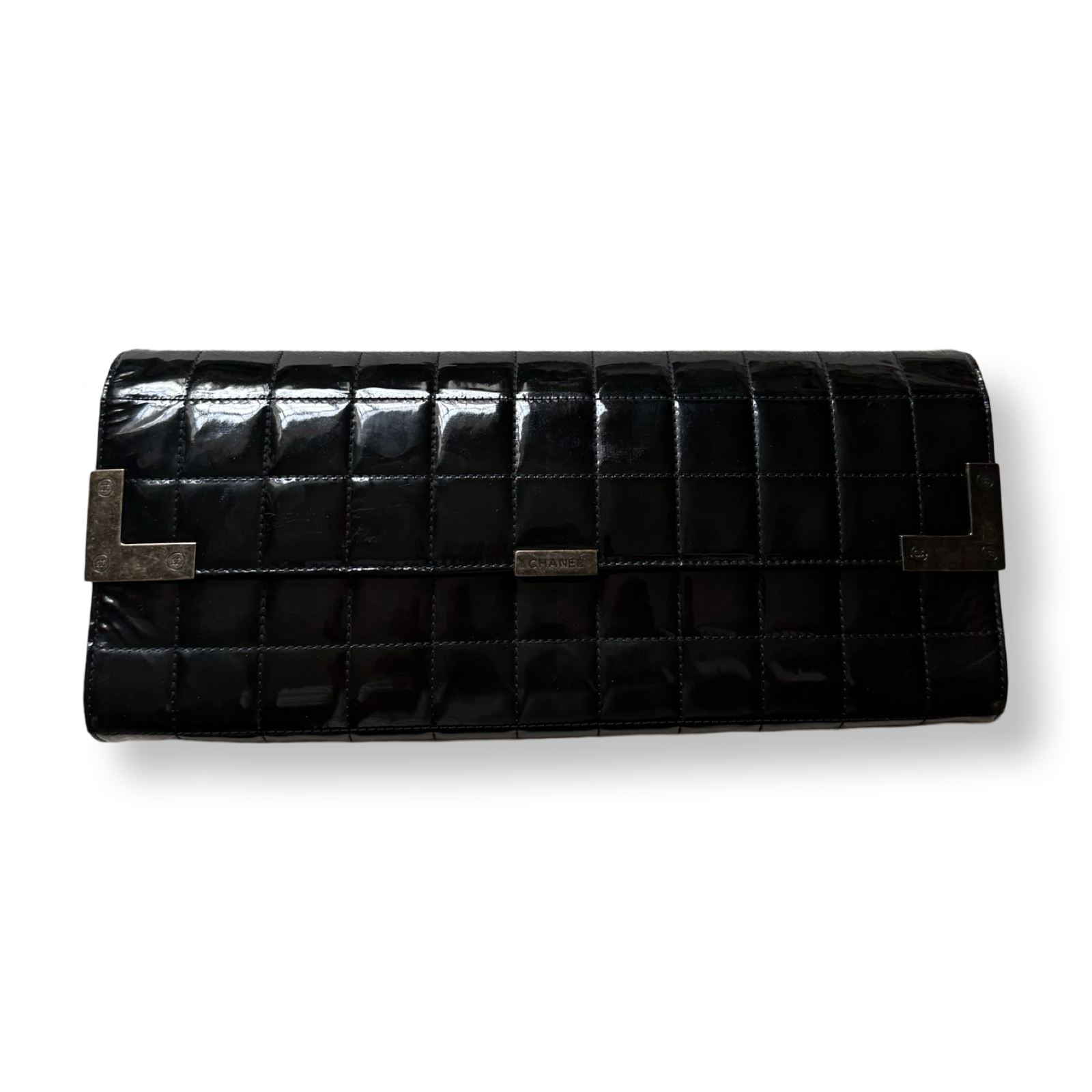 Chanel authentic y2k clutch black chocolate bar style oversized hand bag gunmetal hardware