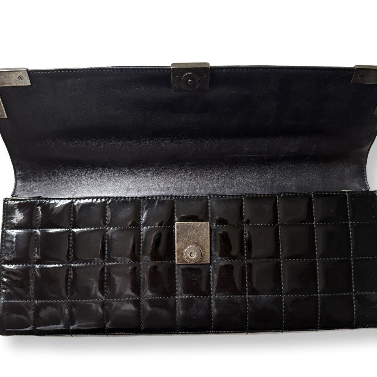 Chanel vintage authentic retro clutch bag oversized shiny black leather