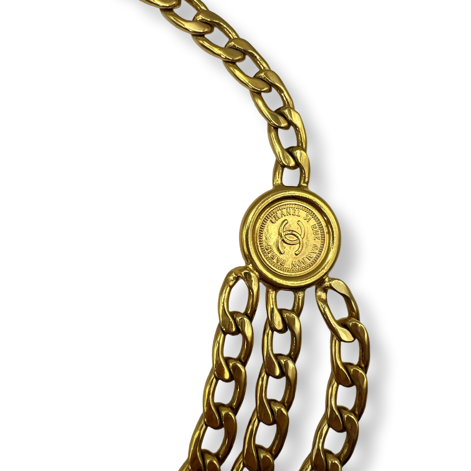 Chanel vintage 1995 chain belt with triple chain front and logo medallions