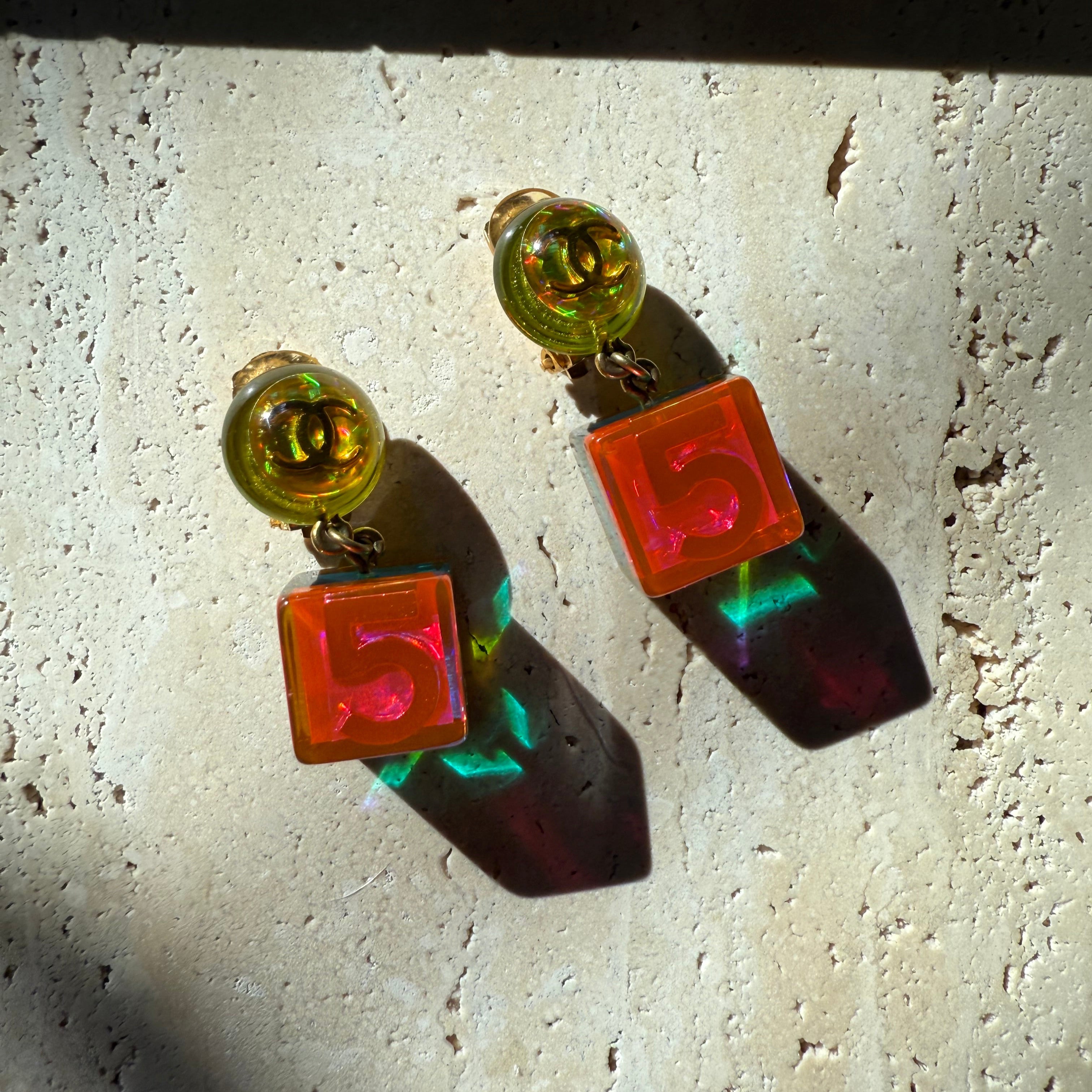 Chanel Vintage 1997 Rainbow Lucite Earrings number five & CC logo dangle drop