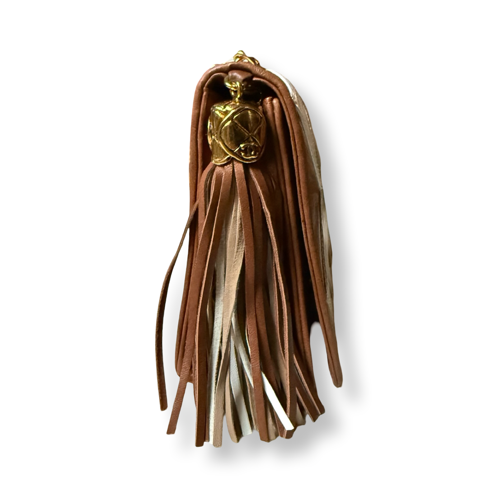 Chanel Vintage 80s authentic front flap shoulder bag cognac brown, neutral, and white diamond pattern with leather tassel gold hardware leather woven chain