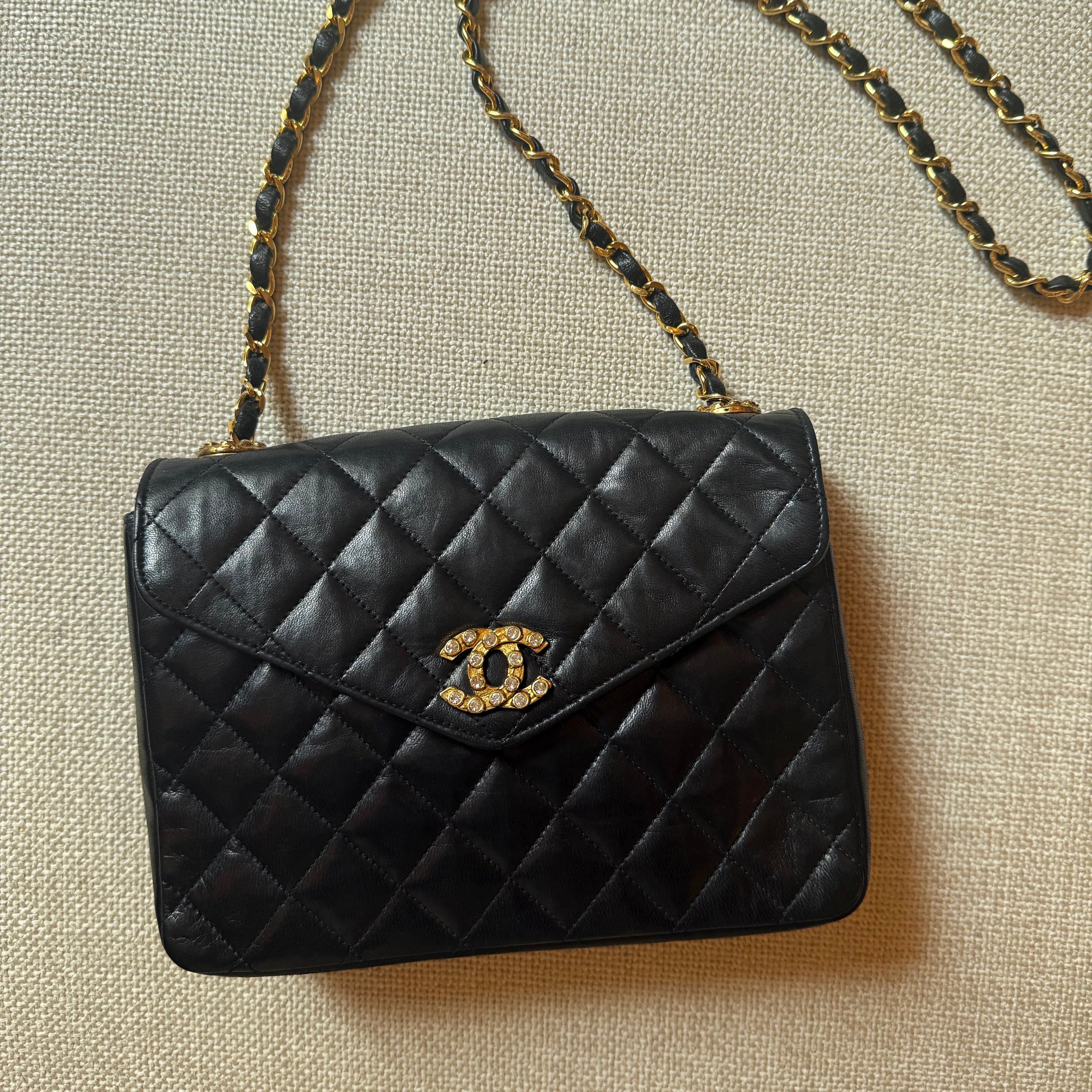 Chanel Vintage Black Lambskin Crystal Classic Flap authentic matelasse quilting jeweled cc gold hardware envelope flap
