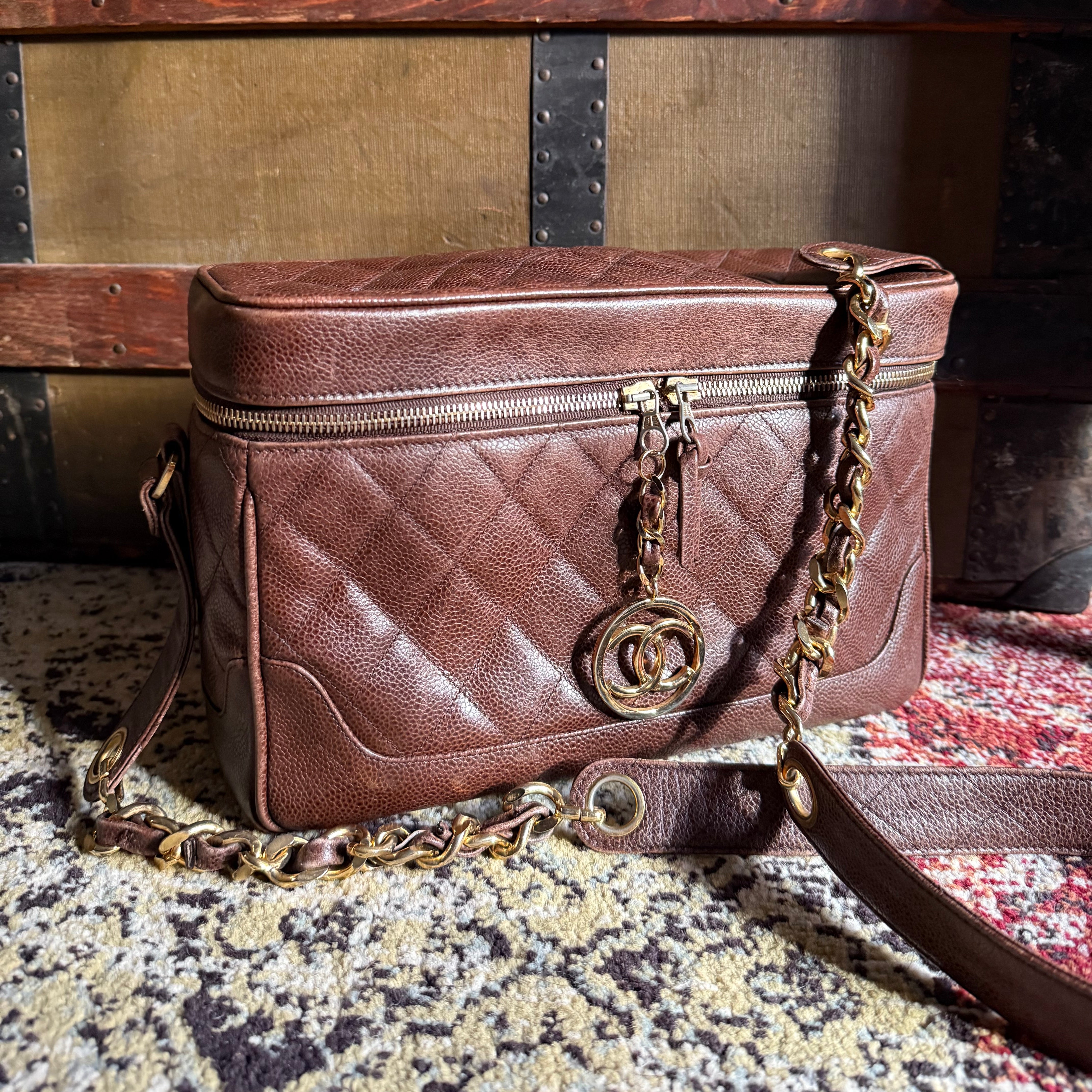 Authentic Vintage Chanel 89-91 Brown Caviar Leather Camera Bag Oversized