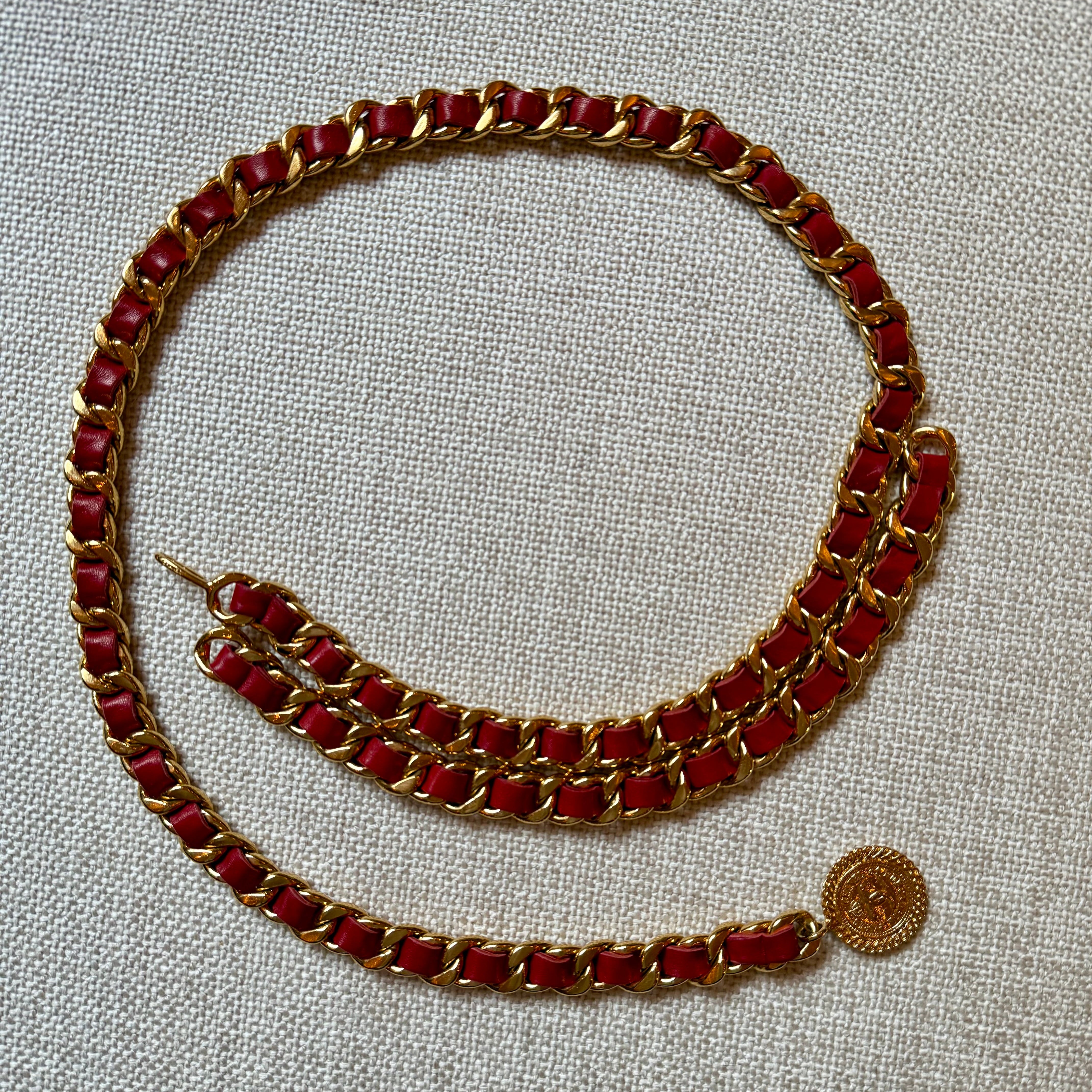 Vintage authentic chanel chain belt with red leather weaving