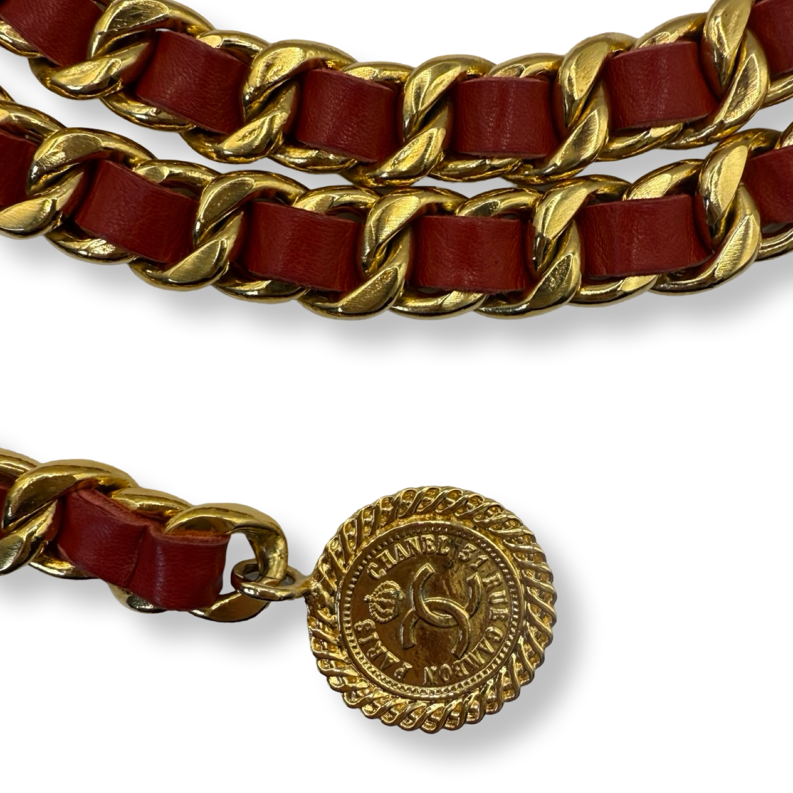 Chanel vintage chain belt red CC medallion