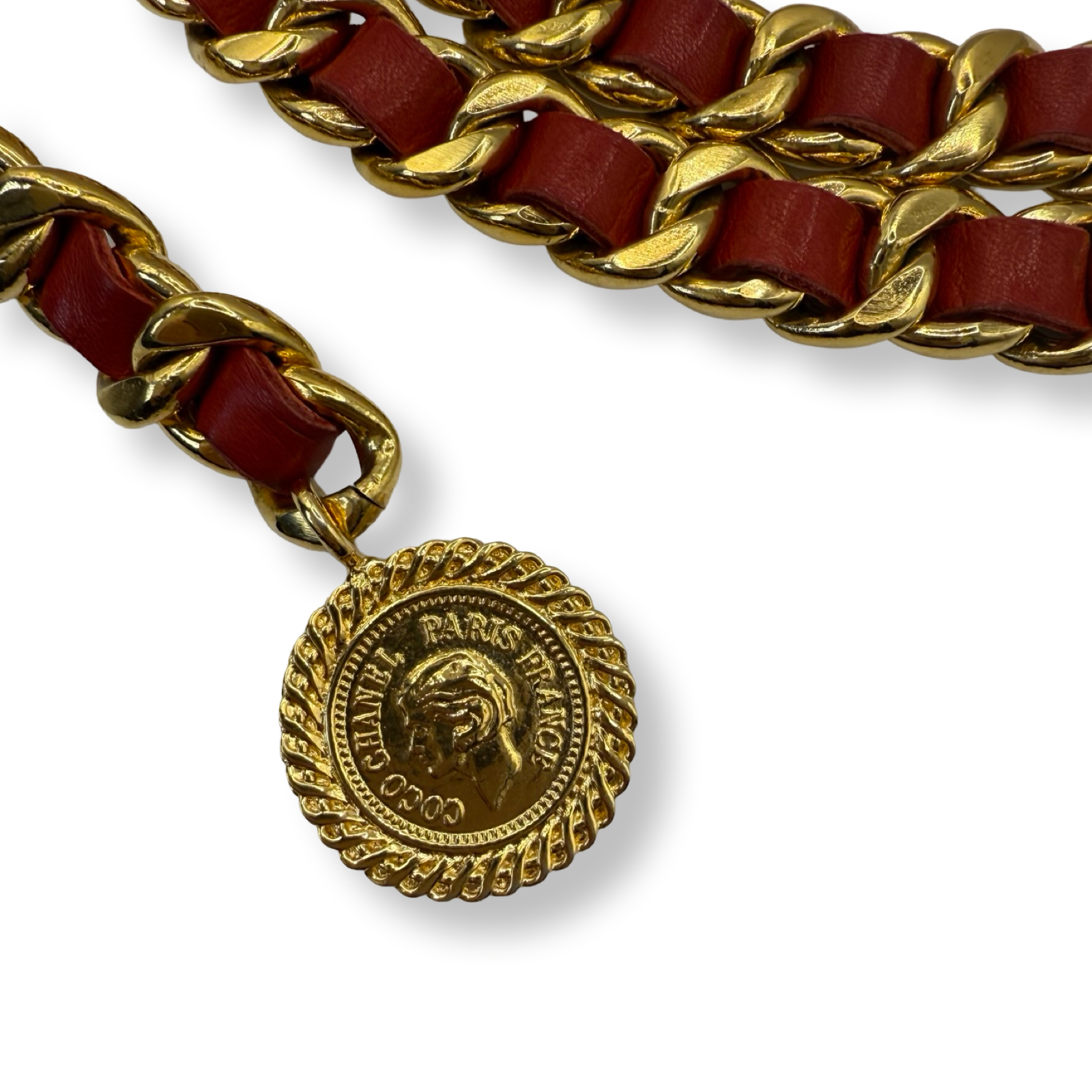 Chanel leather chain belt red size medium