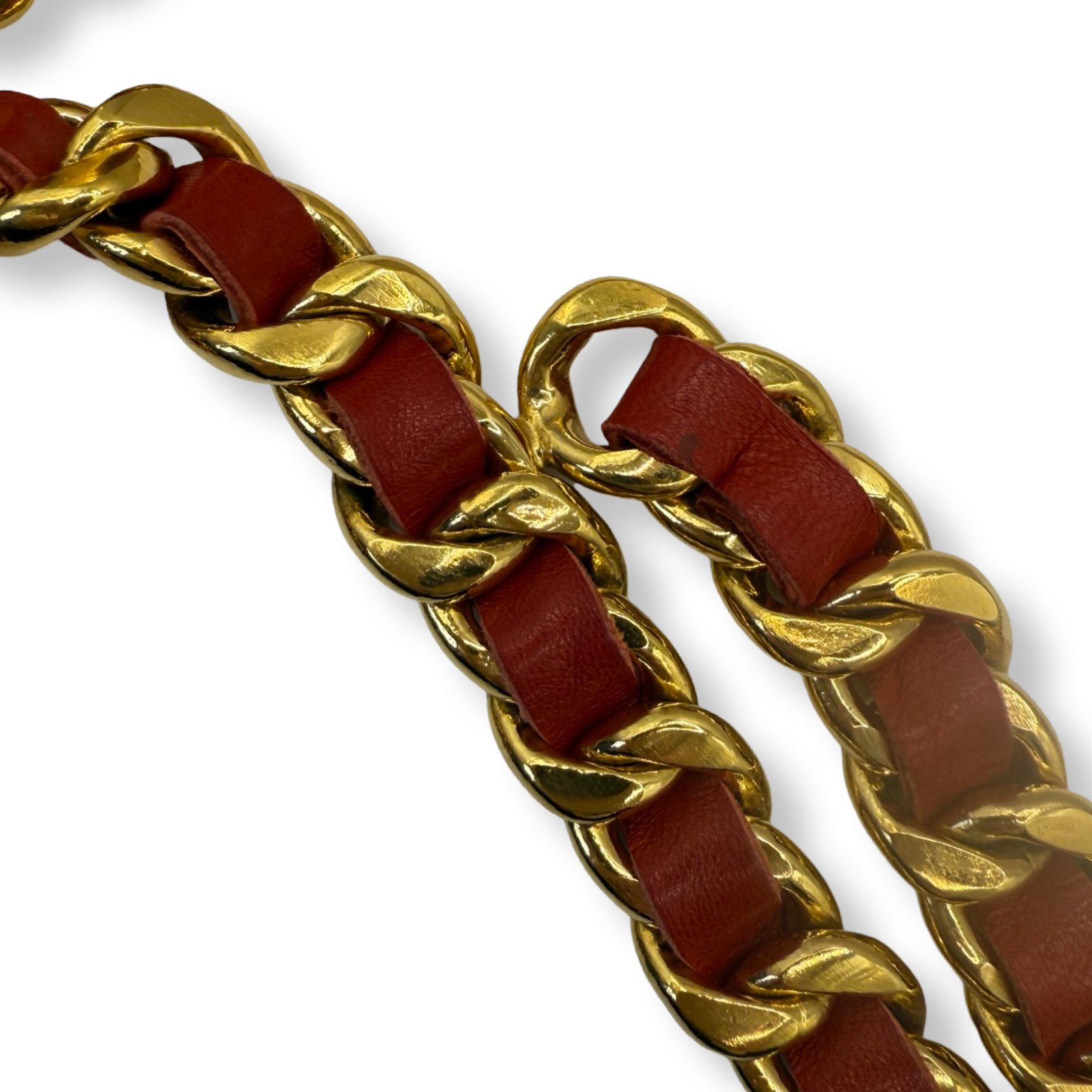 Vintage Chanel Chain Belt with Red Leather and Coco coin