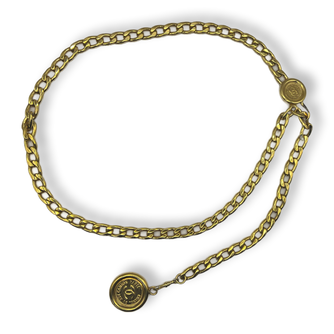 Chanel Chain Link Belt heavy weight rue cambon coin charms gold real gold plated