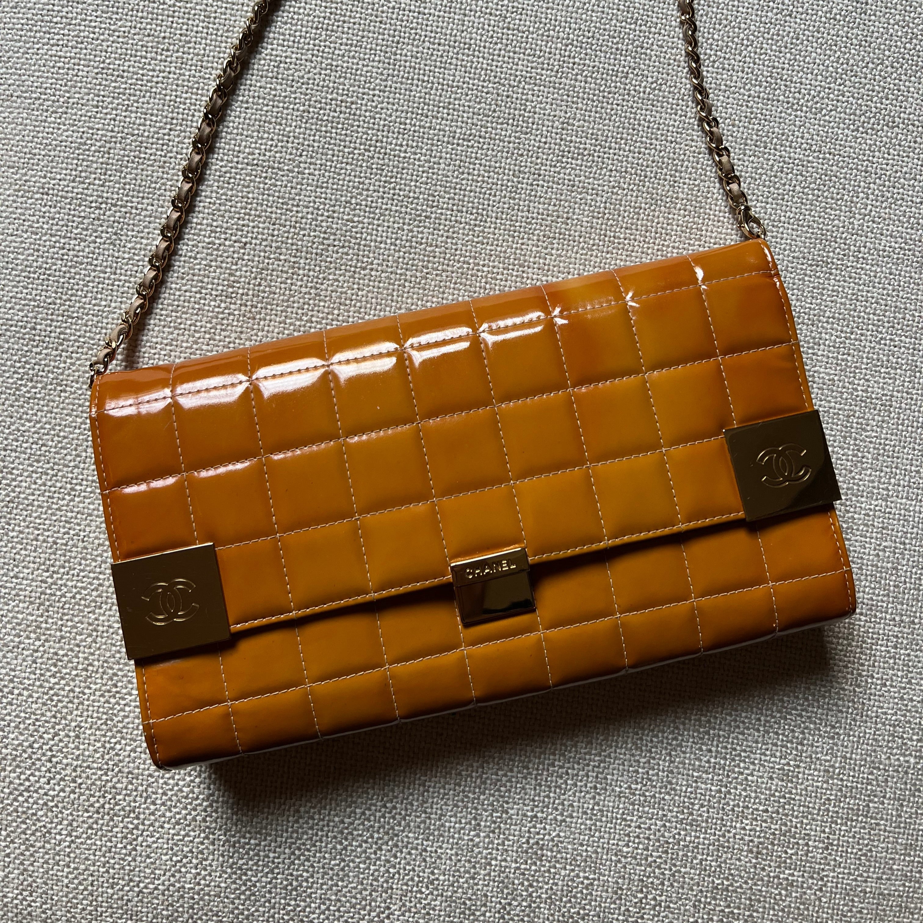 Chanel Vintage Patent Leather Chocolate Bar Flap Bag Orange