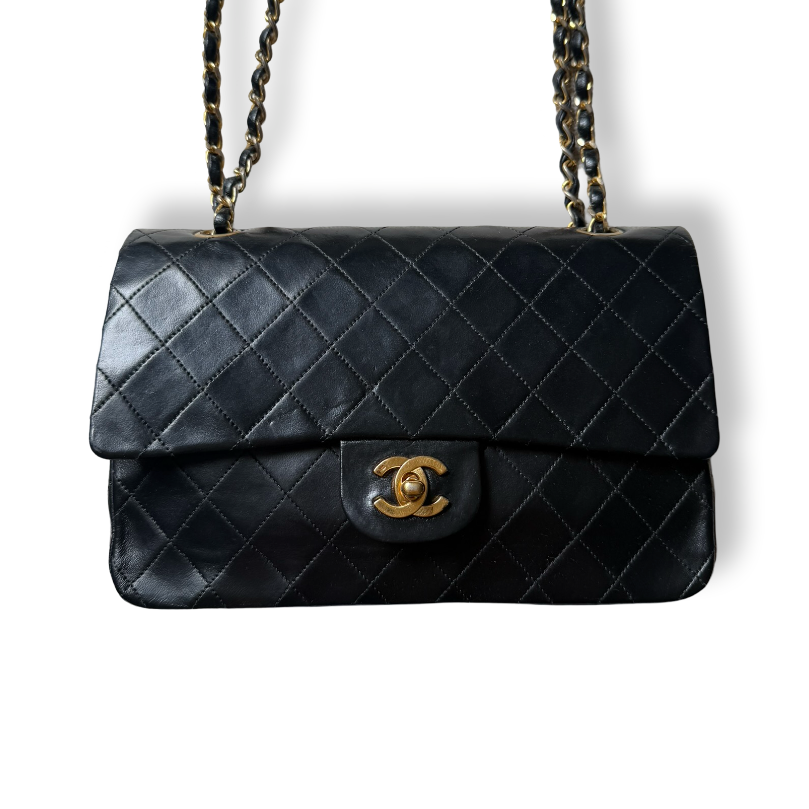 Chanel classic flap double flap medium black smooth leather authentic