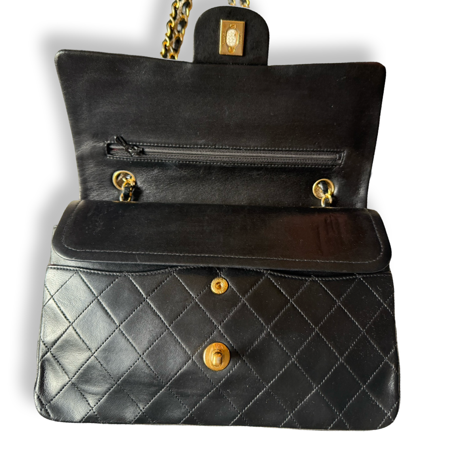 Chanel Vintage Authentic Classic Flap Black Lambskin medium leather smooth gold 24k hardware