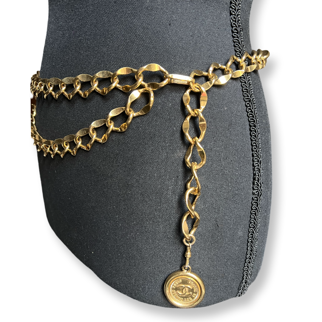 chanel vintage gold chain link belt cc mark coin dangling double chain