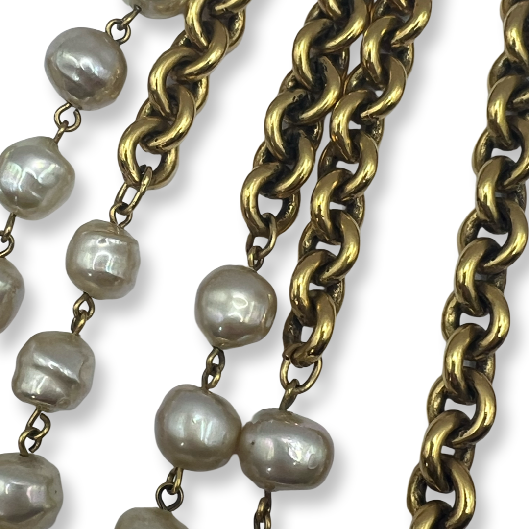 vintage chanel pearls with gold chains extra long length 80s authentic