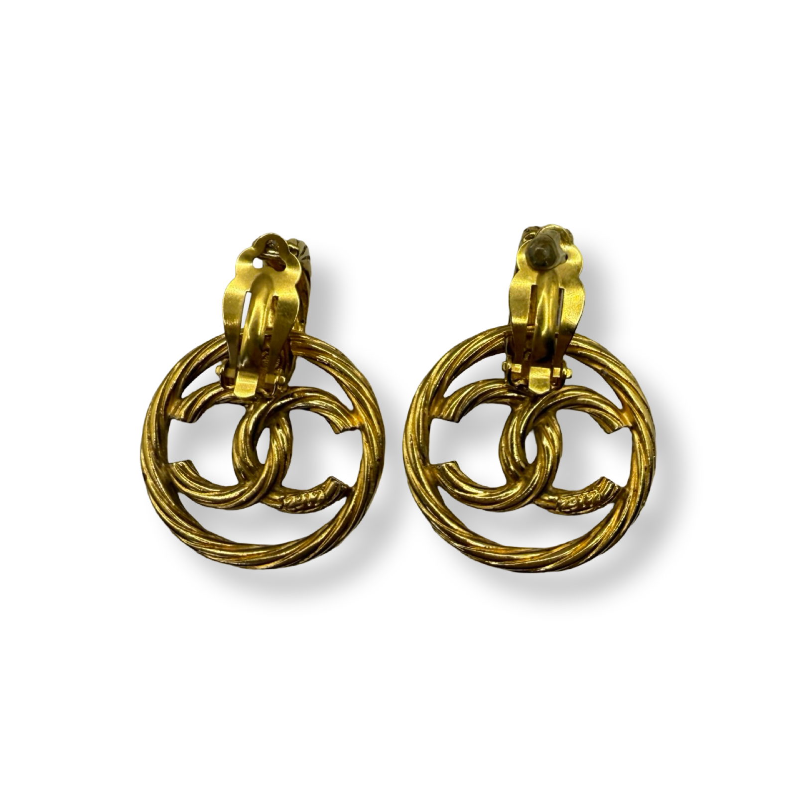 Vintage 90s retro CC Chanel authentic gold earrings oversized dangling