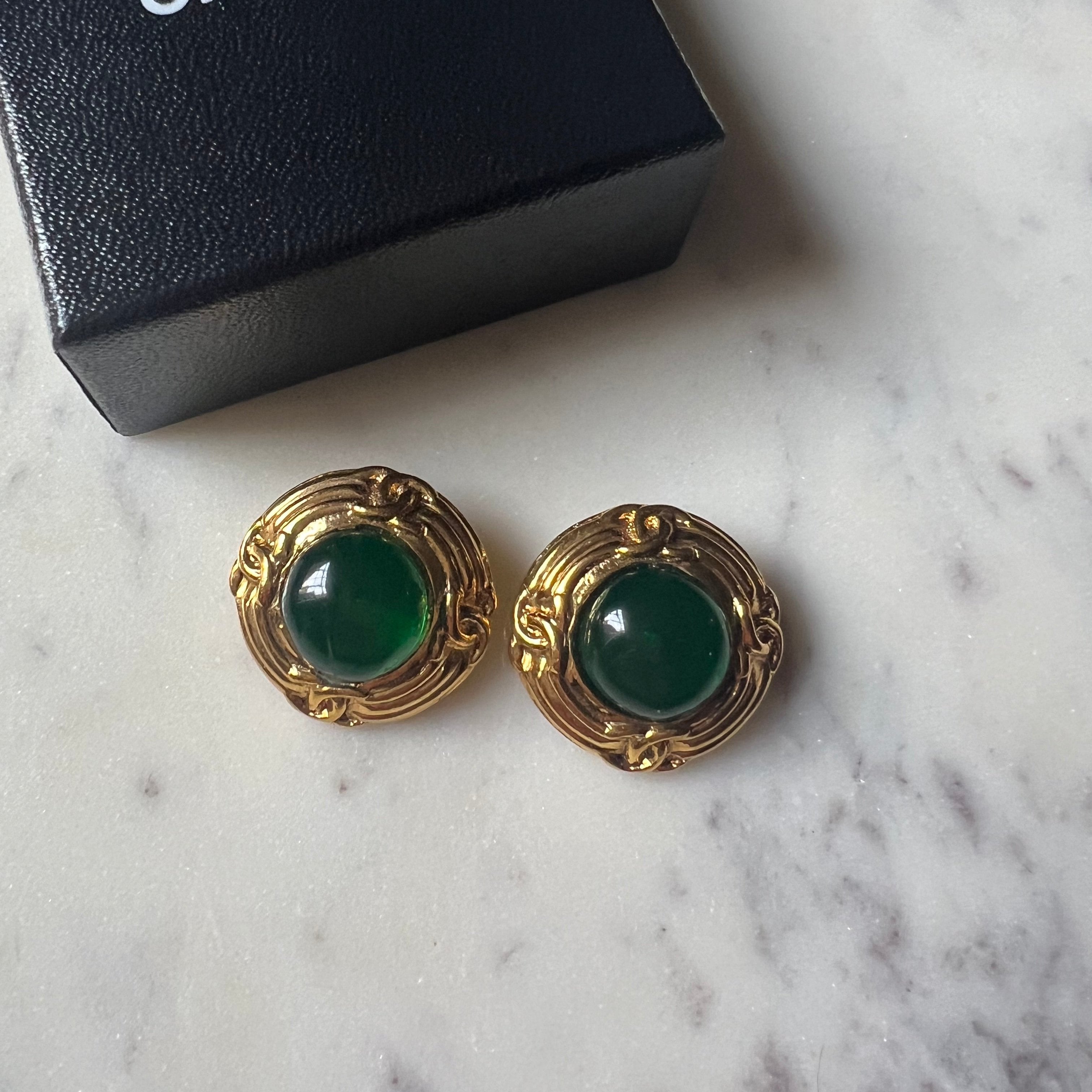 Chanel vintage earrings gold and green glass stone center