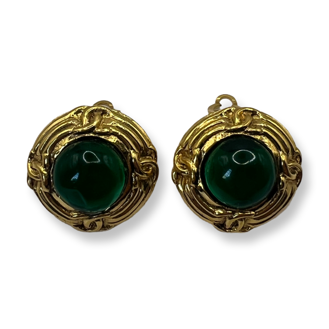 Chanel vintage authentic earrings green & gold clip on cc mark