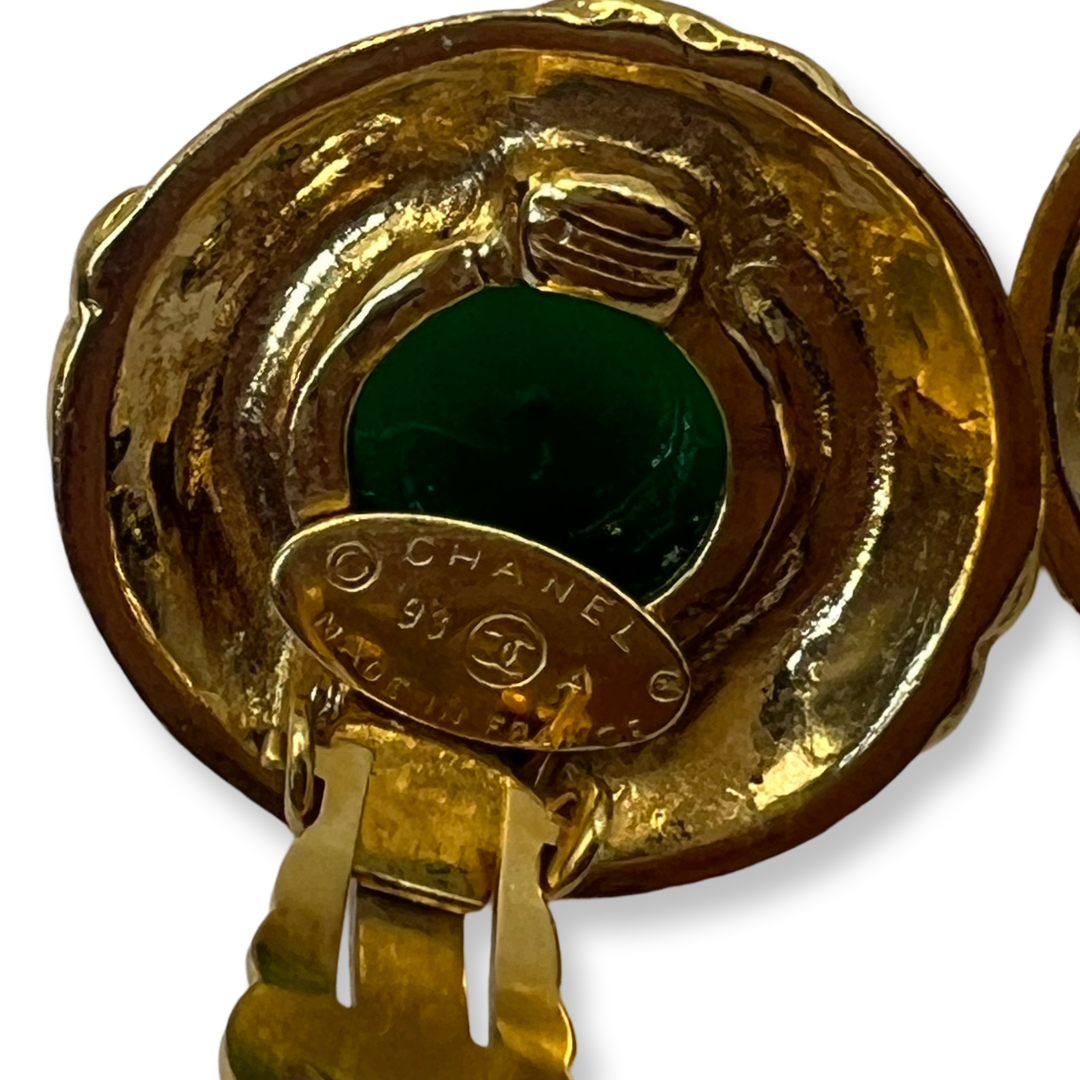 Vintage Chanel Gripoix Green Gold Earrings Retro 1993