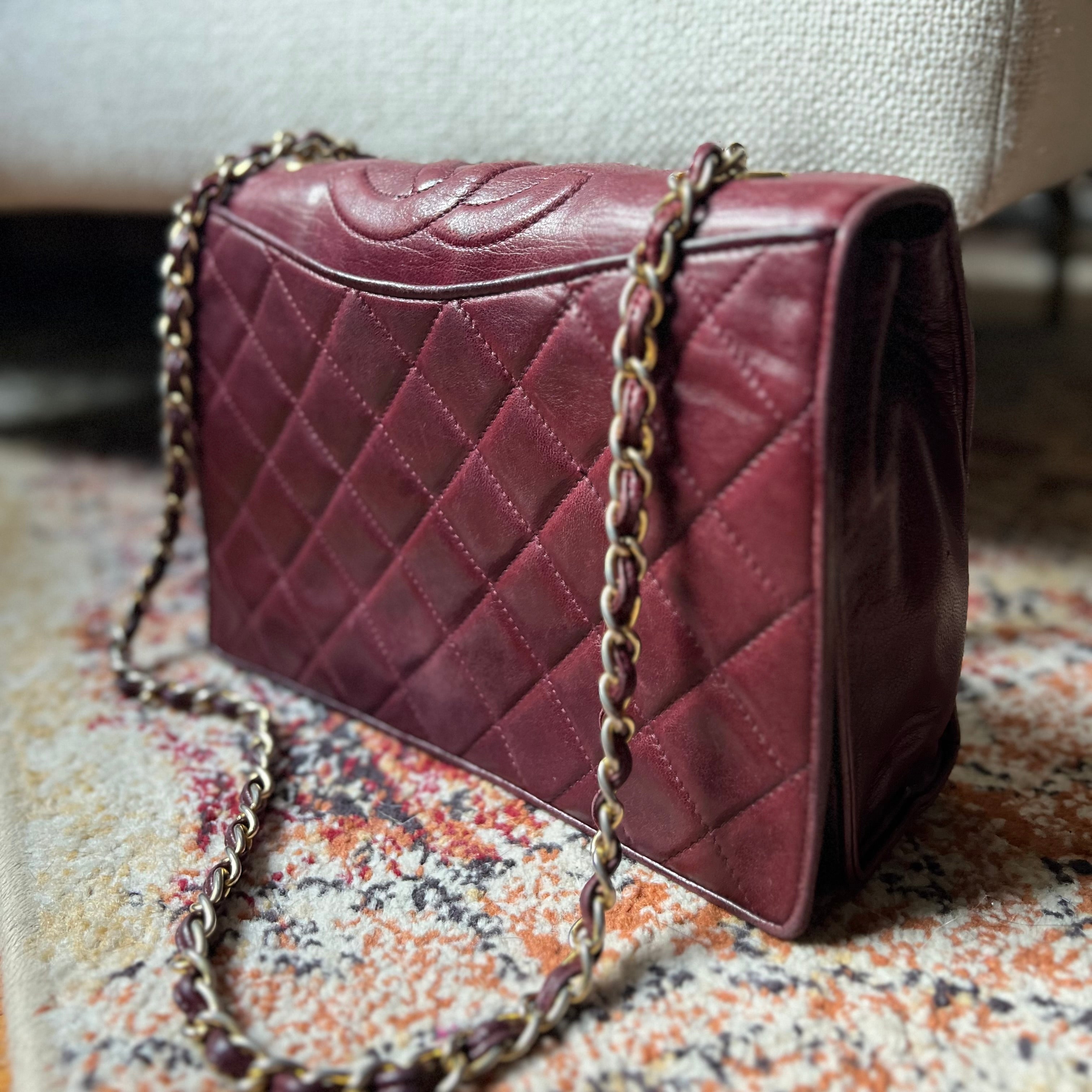 chanel authentic quilted shoulder bag burgundy wine vintage 90s