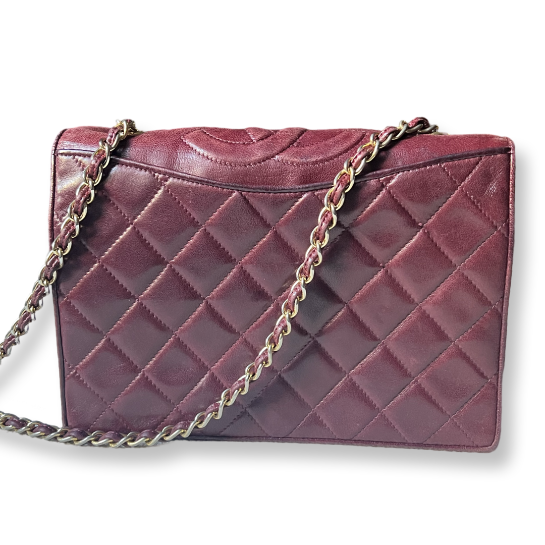 chanel old full flap quilted bag wine burgundy color authentic 90s