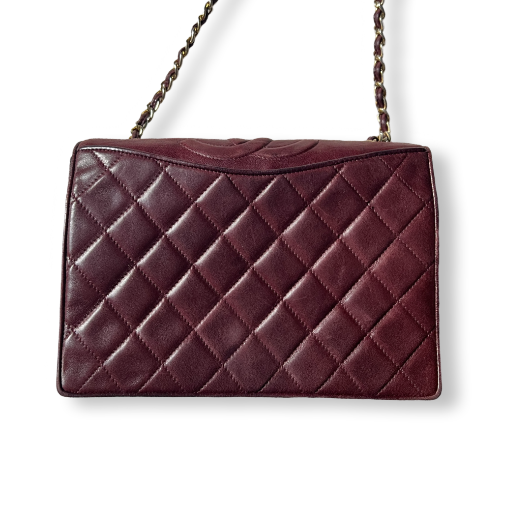 chanel vintage 90s quilted burgundy leather shoulder bag classic cc mark