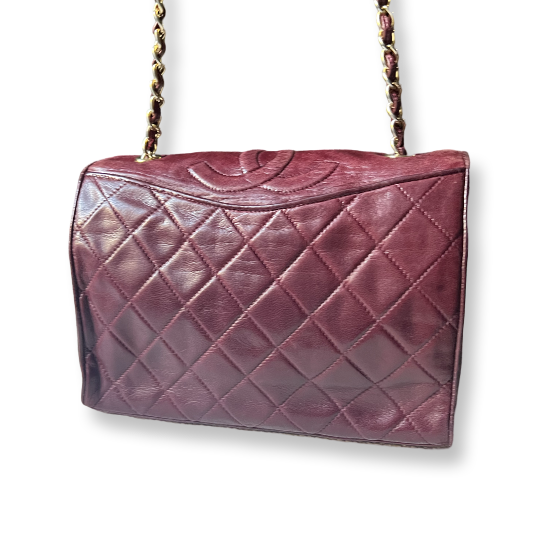 vintage 80s chanel classic shoulder bag quilted burugundy authentic
