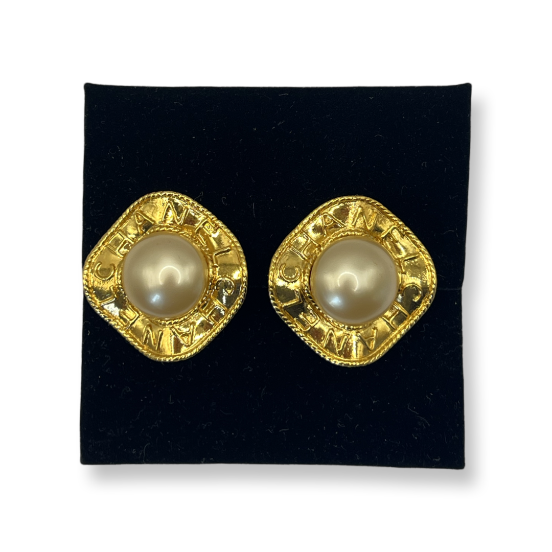 vintage chanel earrings faux pearl and gold plated