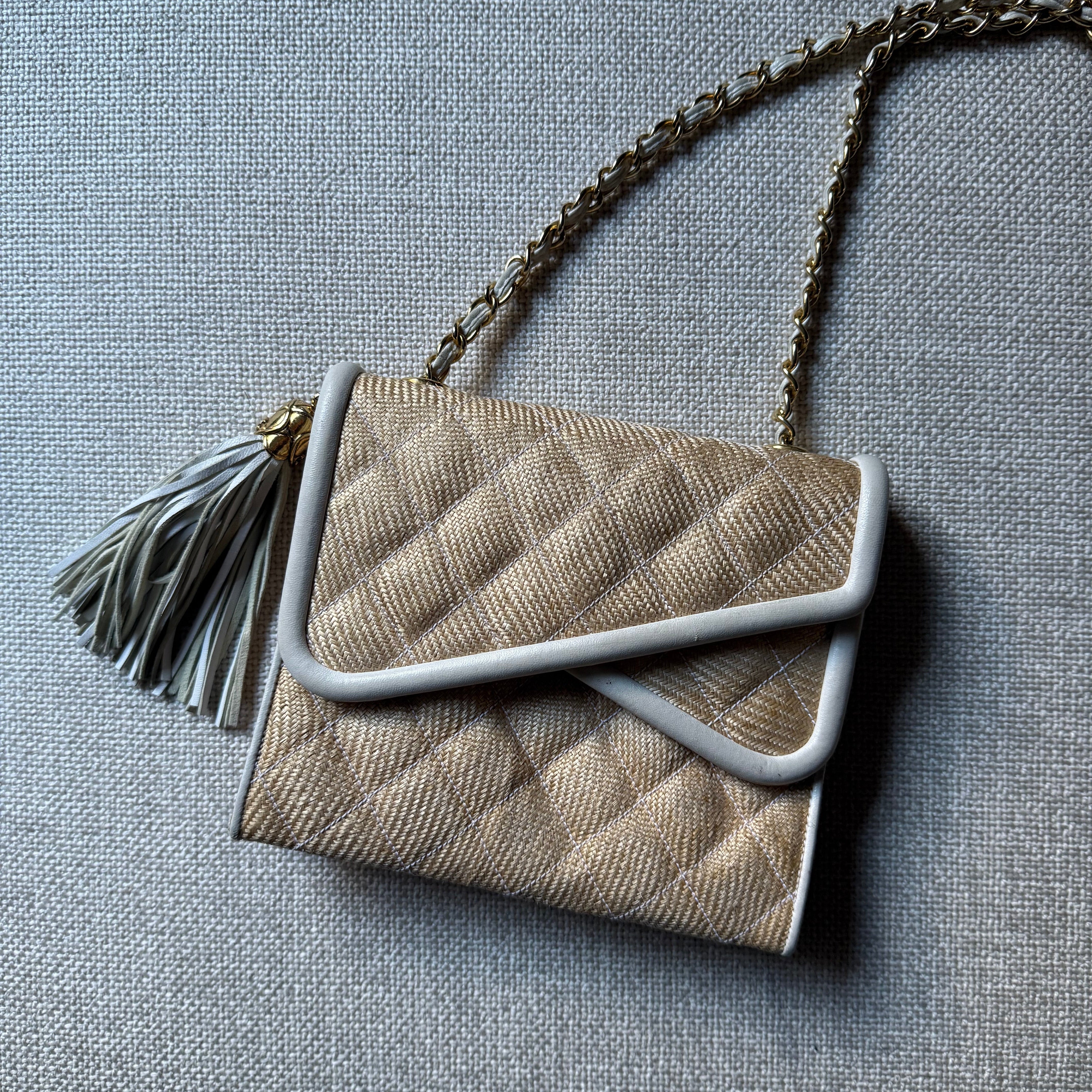Chanel Vintage Raffia Tassel Double Flap