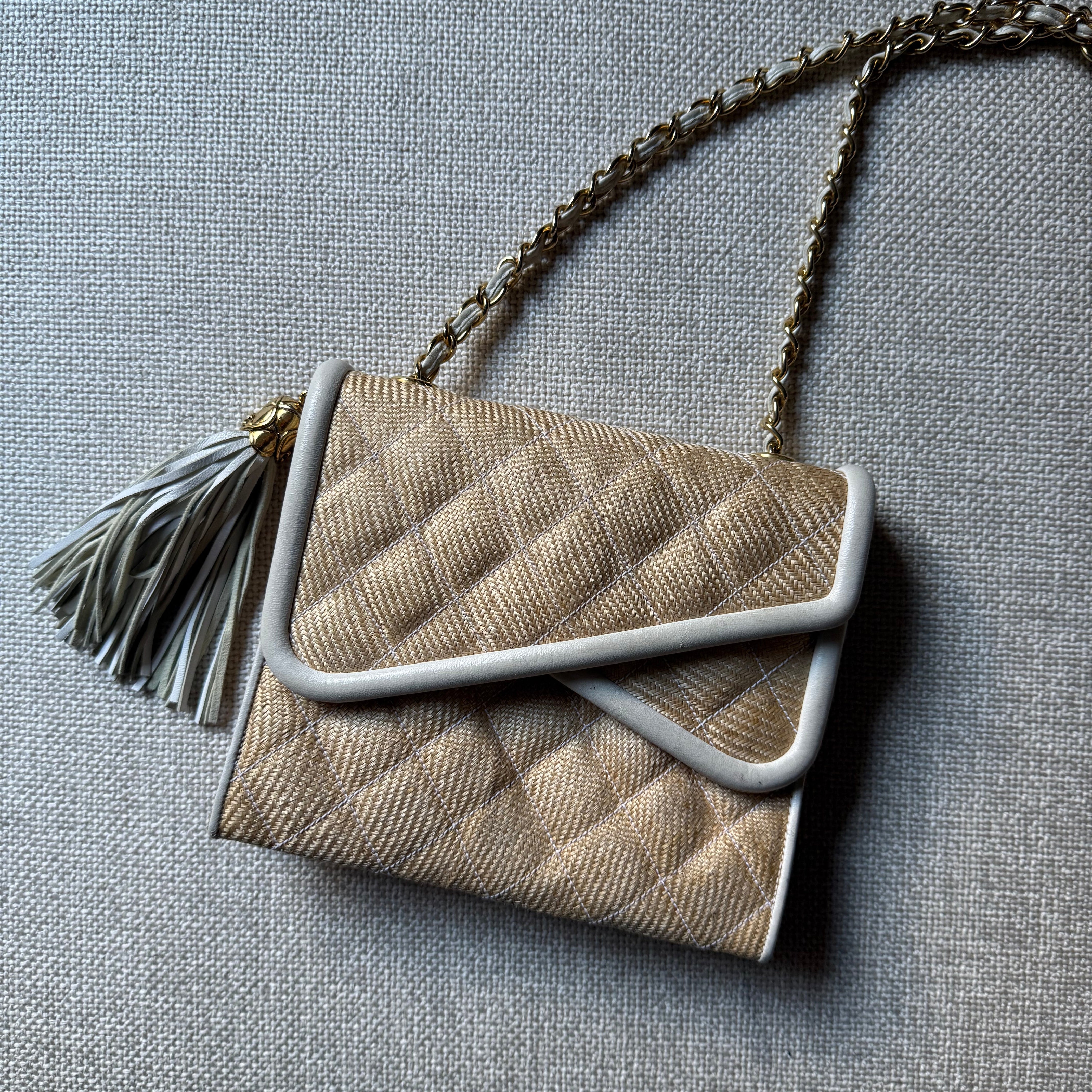 Chanel Vintage Raffia Tassel Double Flap