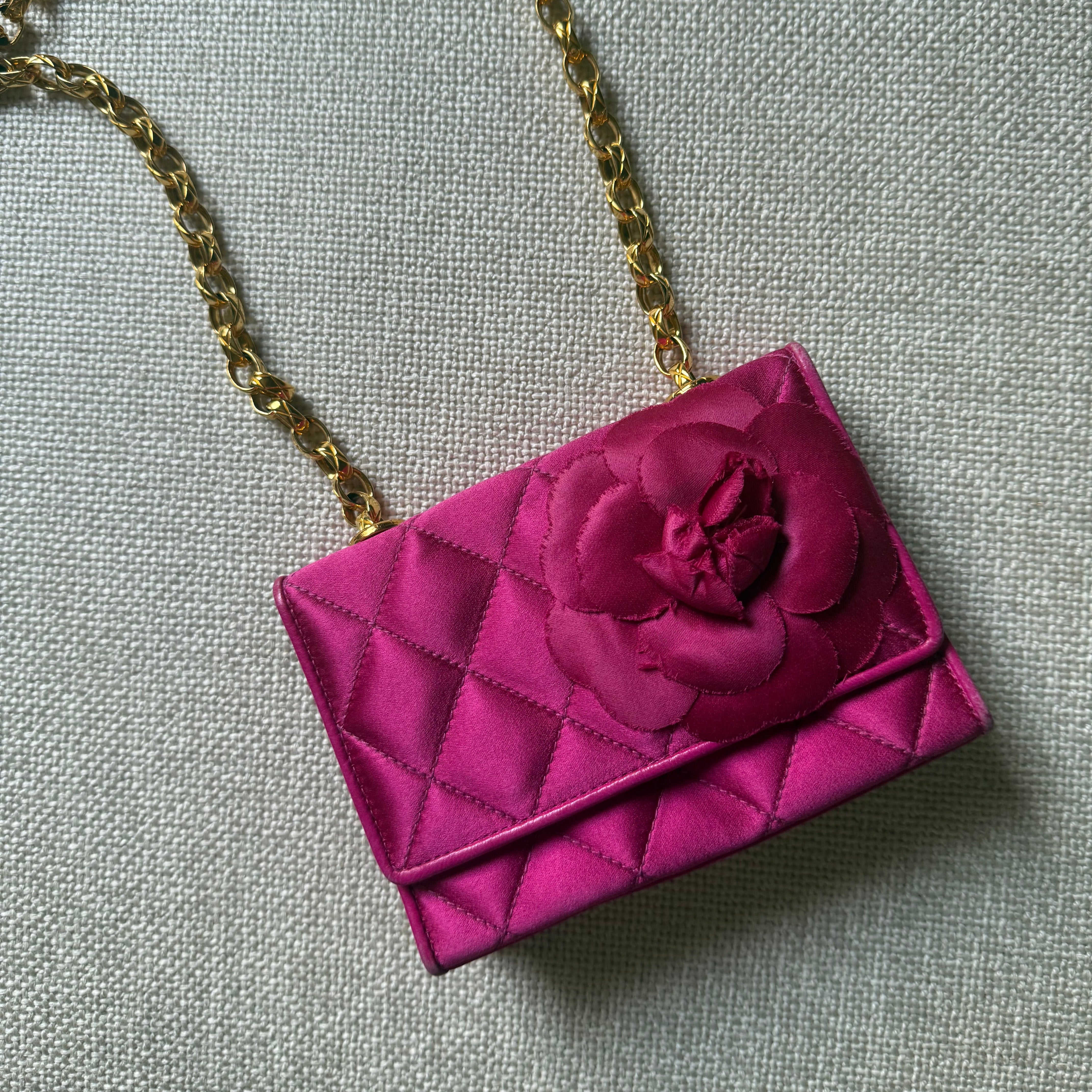 Chanel authentic vintage satin matelasse mini flap with 3d camellia flower in hot pink