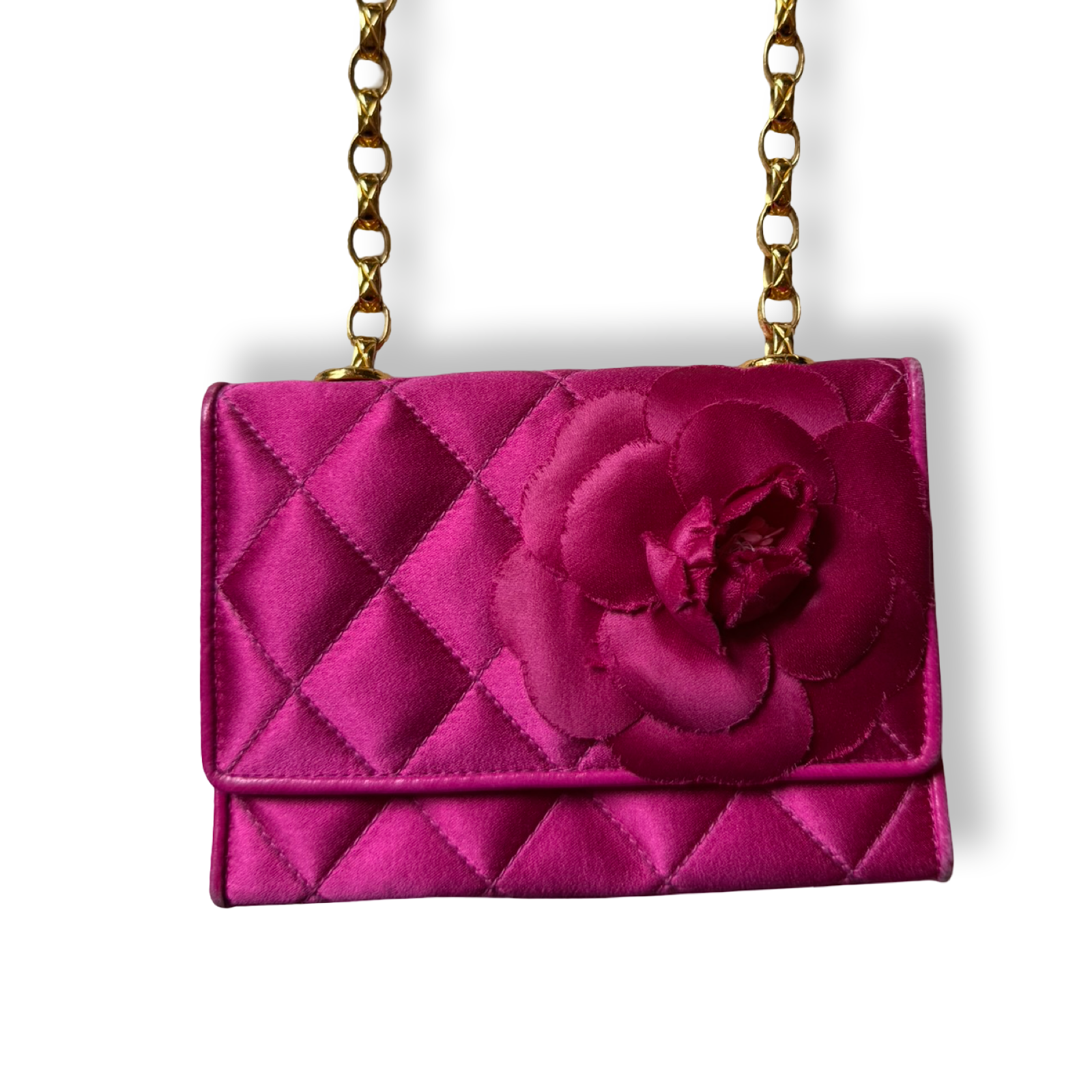 Chanel Vintage Satin Camellia Mini Flap  authentic 1990s hot pink color bijoux gold plated chain
