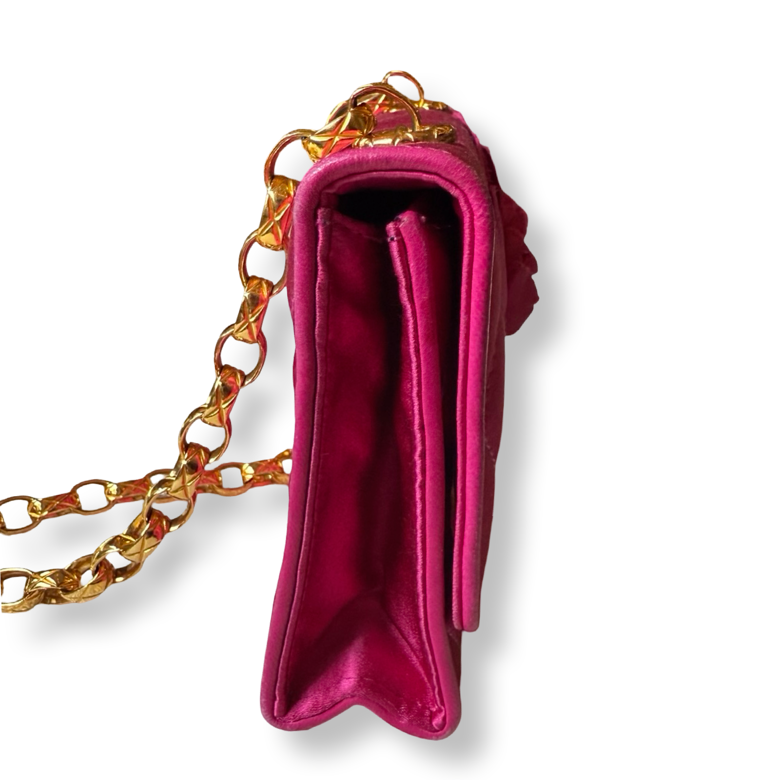 Chanel authentic vintage 90s satin hot pink mini flap 3d flower detail