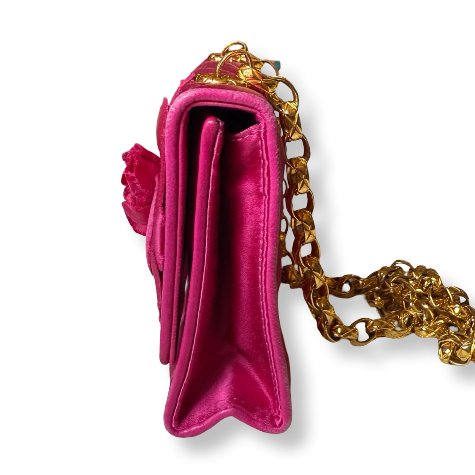 Chanel Vintage authentic satin mini flap bag bijoux change 90s hot pink fuchsia