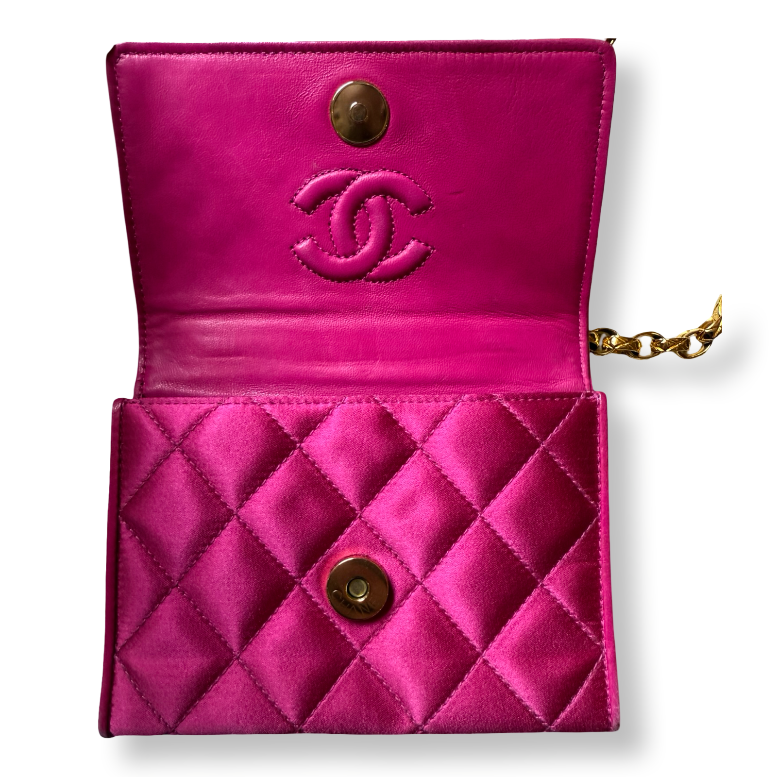Vintage 90s authentic Chanel mini flap bag in hot pink satin matelasse