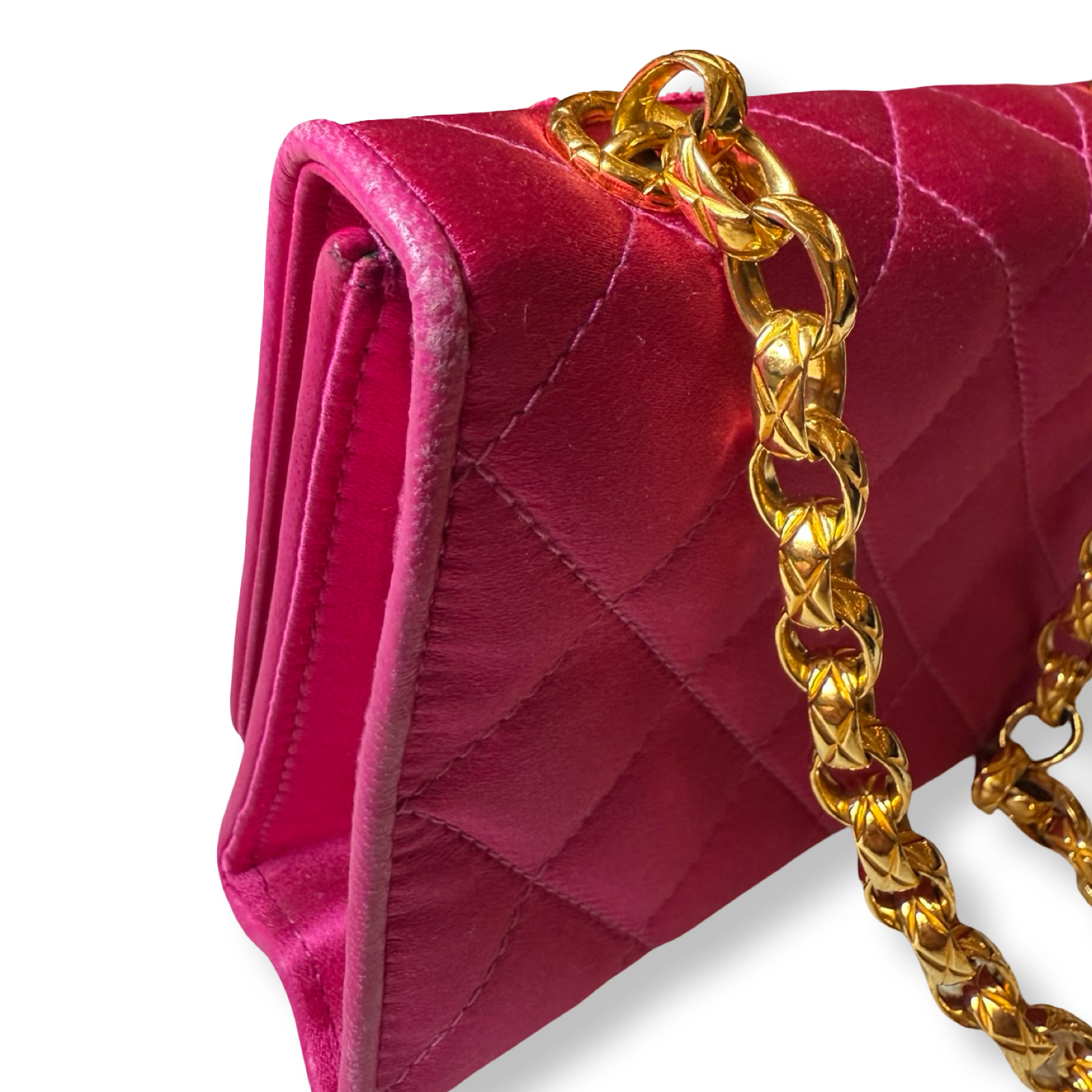 Vintage 1990s Chanel hot pink Satin Silk Mini Flap Bag with Flower embellishment