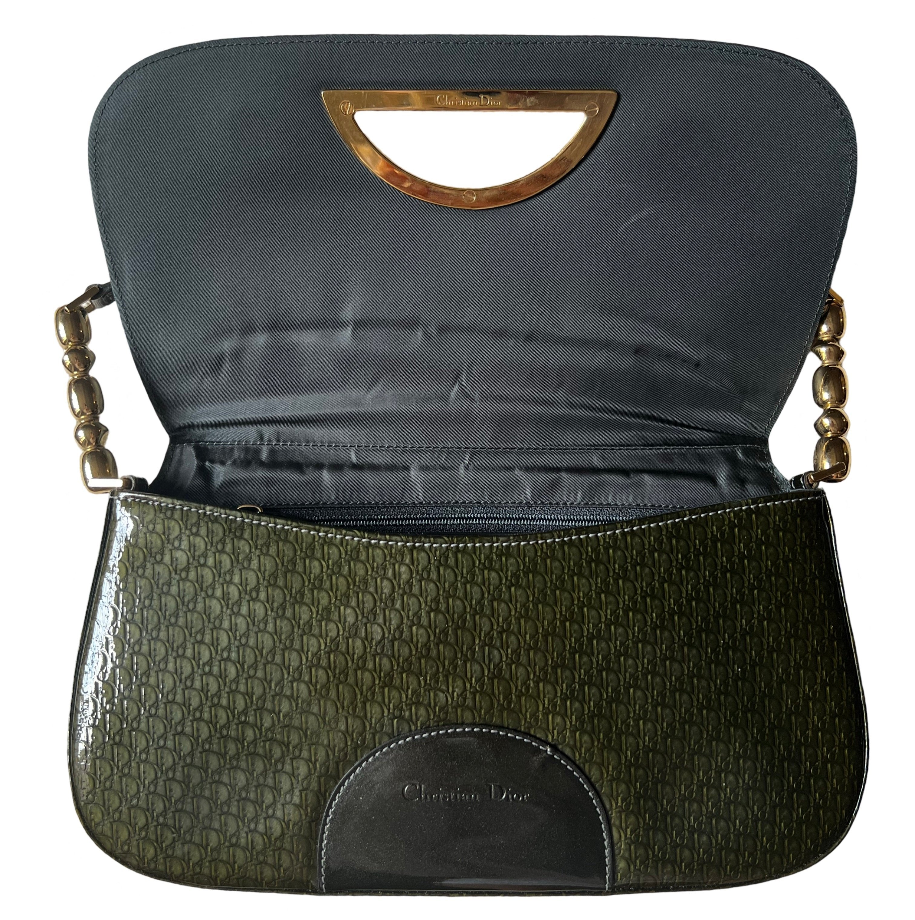 Christian Dior Pearl Malice Khaki Green Shoulder Bag Patent Leather