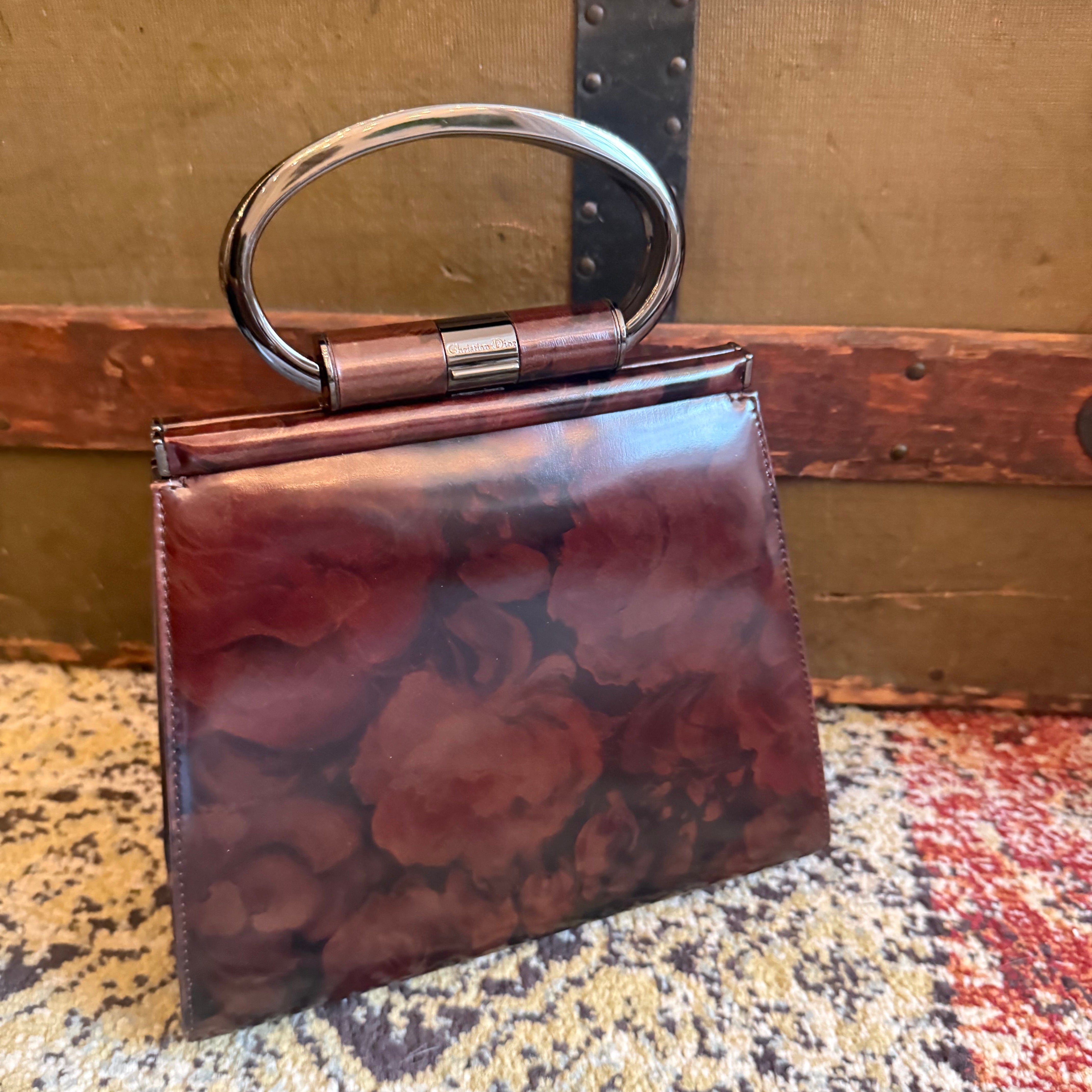Christian Dior Vintage 90s Babe tope handle Floral Bag rare authentic printed brown leather metal handle