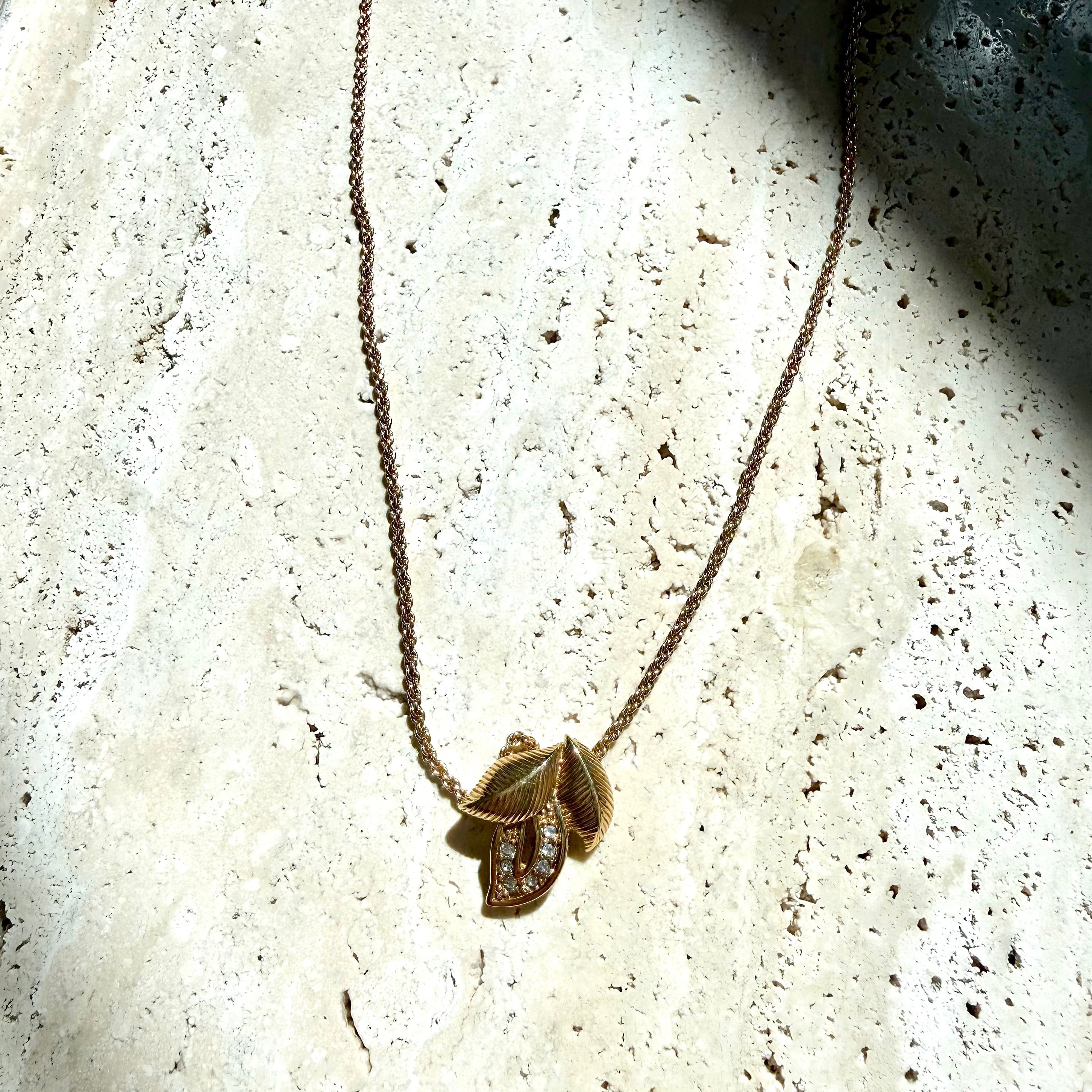 Christian Dior Vintage Gold Chain Necklace with three leaves design authentic rhinestones gold plated