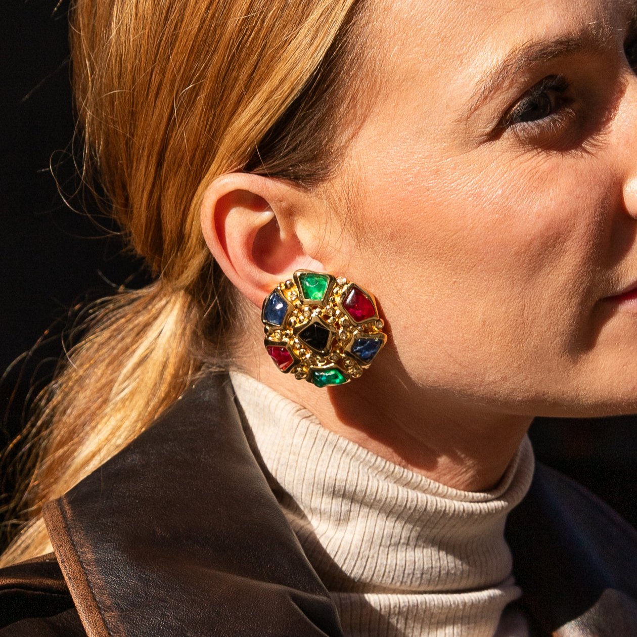 Multi Color gemstone and gold oversized round vintage Dior Earrings