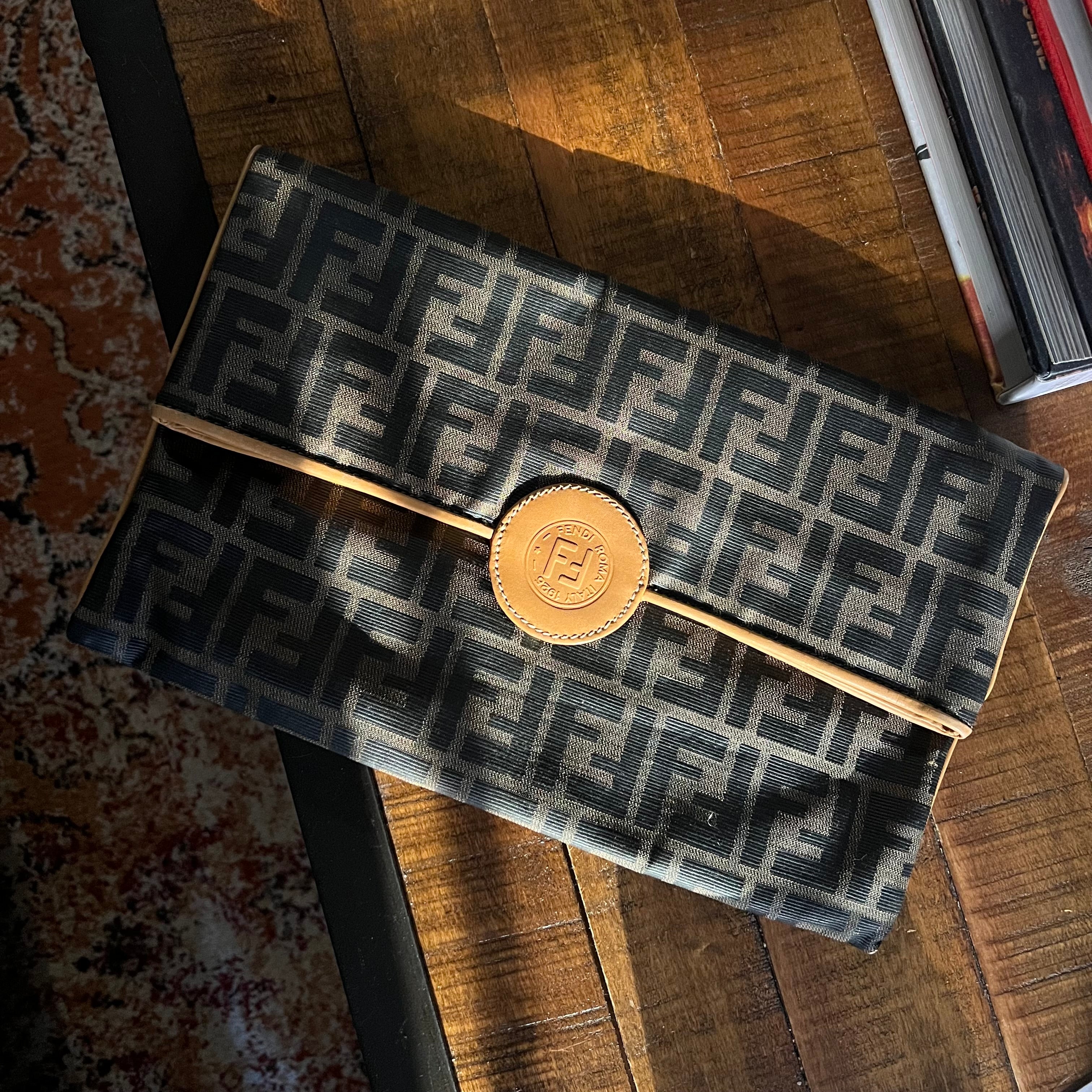 FENDI signature zucca pattern foldover clutch handbag light brown leather