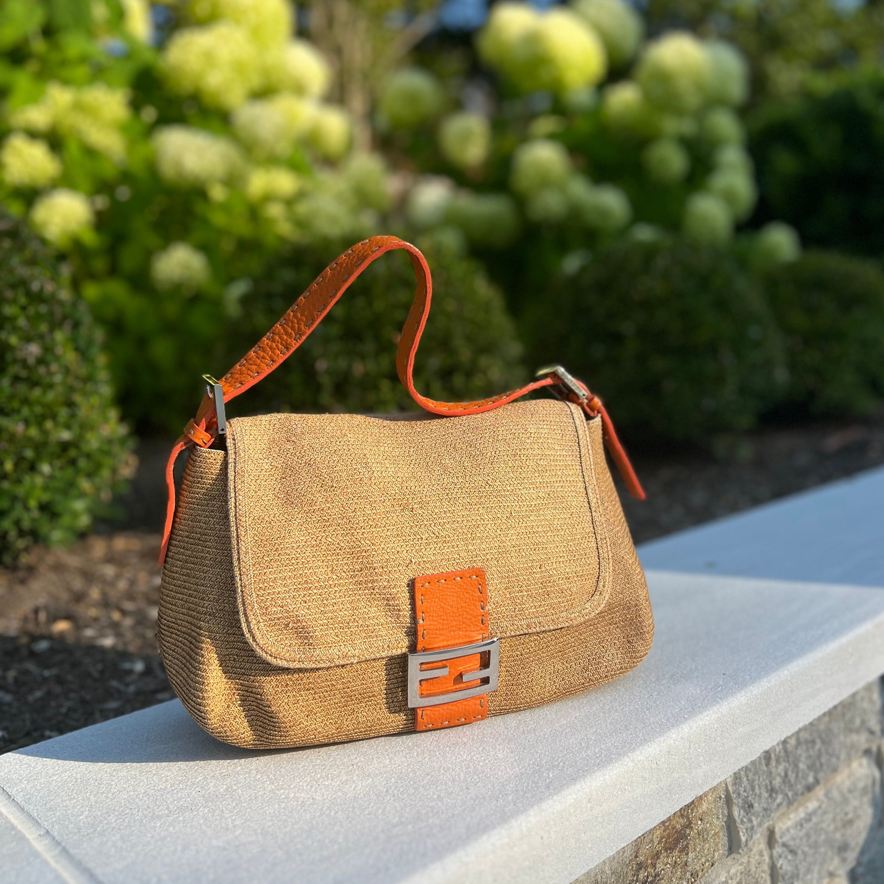 Fendi Mama Baguette Raffia and Orange Leather